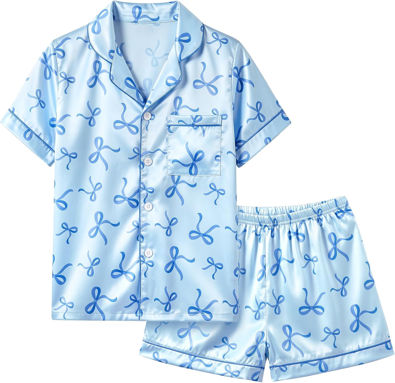 FIOBEE Girls Satin Pajamas Set Short Sleeve Button Down Sleepwear Silky Soft Two Piece Pjs Clothing for Kids Teens 8-14 Years