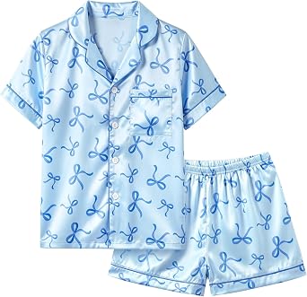 FIOBEE Girls Satin Pajamas Set Short Sleeve Two Piece Pjs for 8-14 Years