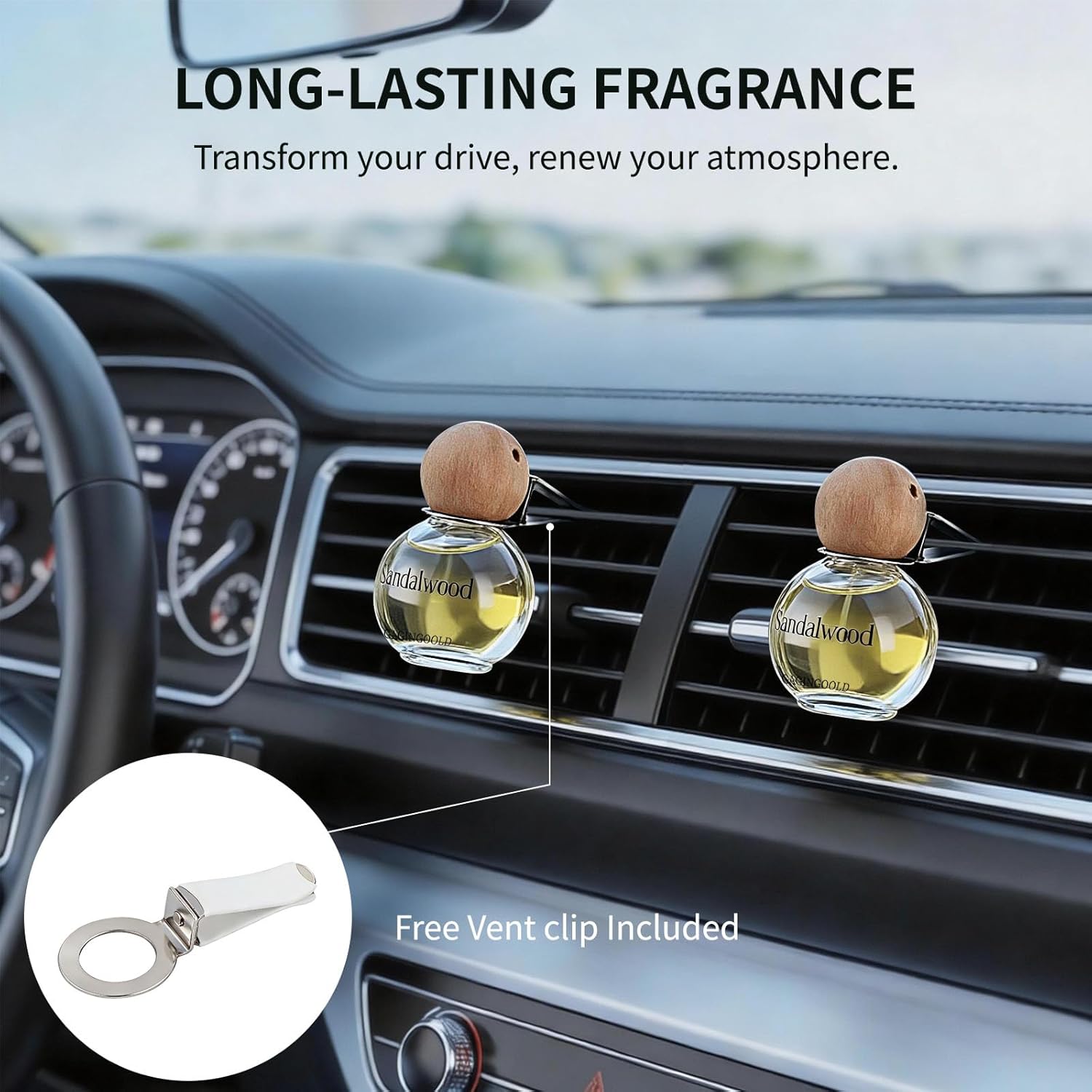 Car Air Freshener Hanging 2 Pack, Sandalwood Scent Essential Oil Diffuser Long Lasting Up to 150 Days, Cute Car Accessories with 2 Vent Clip for Women Men Gift, Odor Eliminator - Image 4