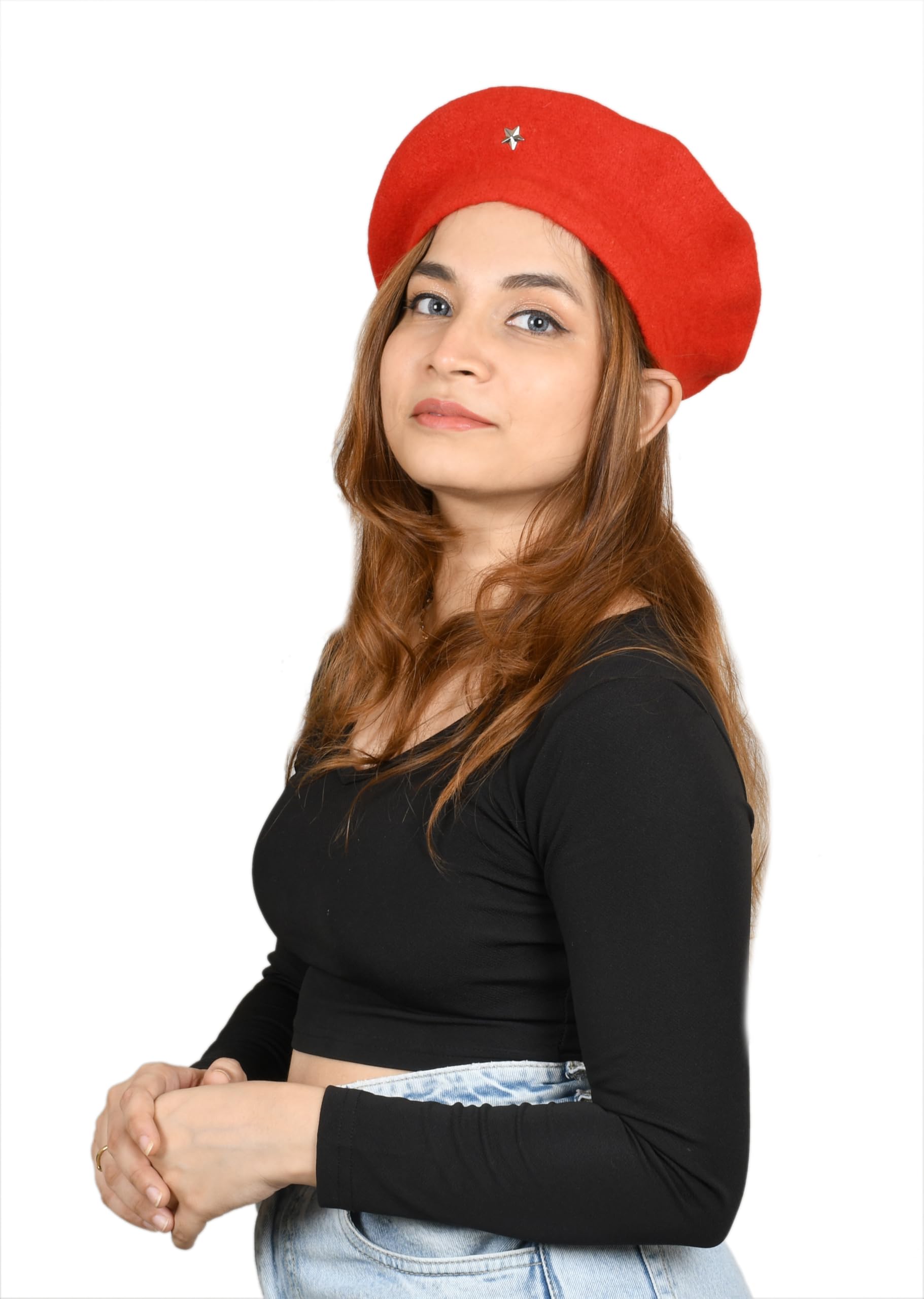 SOUL eTHICS Women's Premium Wool Blend French Artist Beret Cap - Stylish, Warm & Classic - Elegant Winter Beanie Hat for Girls & Ladies -Free Size (in, Alpha, Free Size, Red, Star) - Image 5 thumbnail