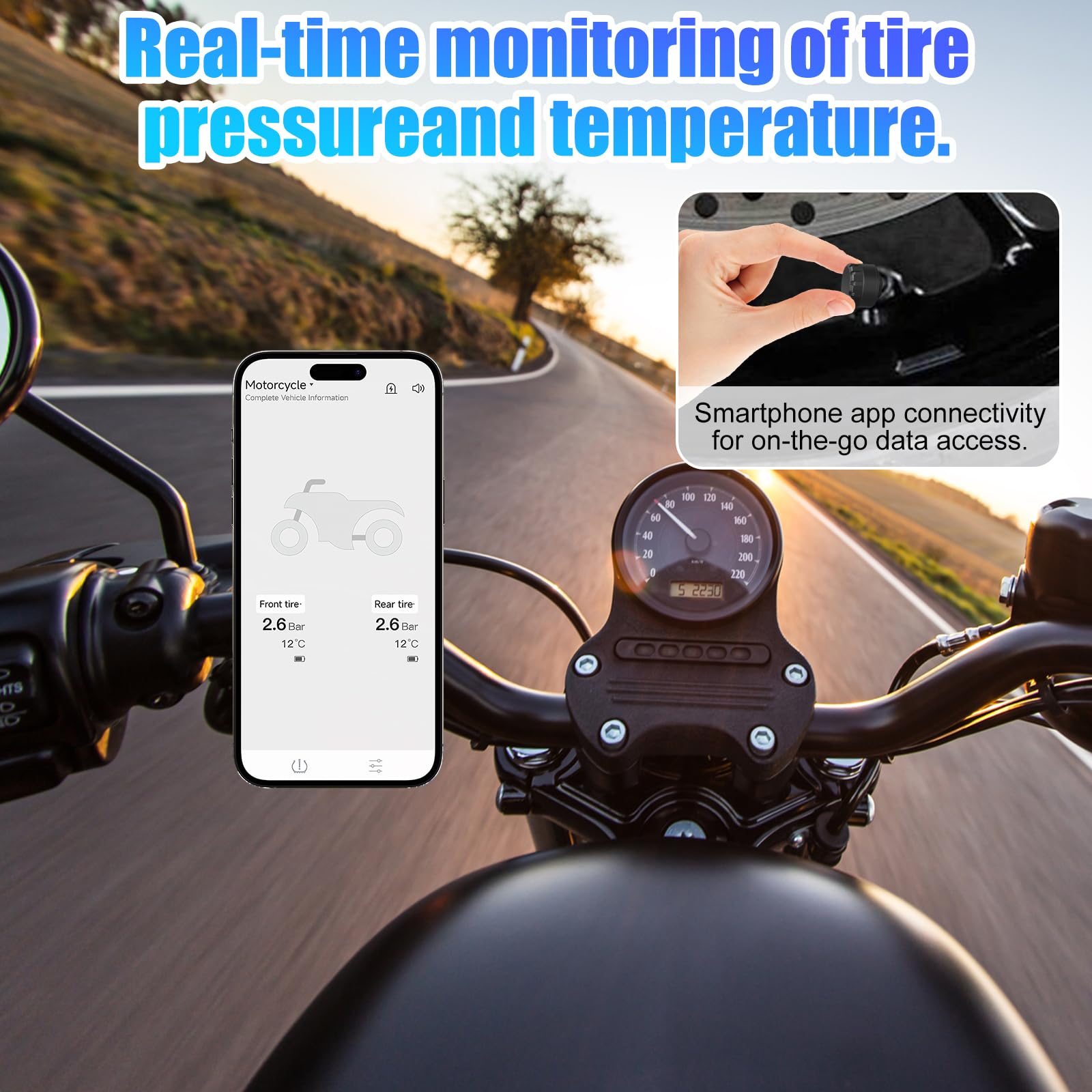 Sistema di controllo della pressione degli pneumatici TPMS con app, Bluetooth intelligente, rilevatore di pressione degli pneumatici e rilevatore di temperatura, 2 sensori esterni, supporta iOS