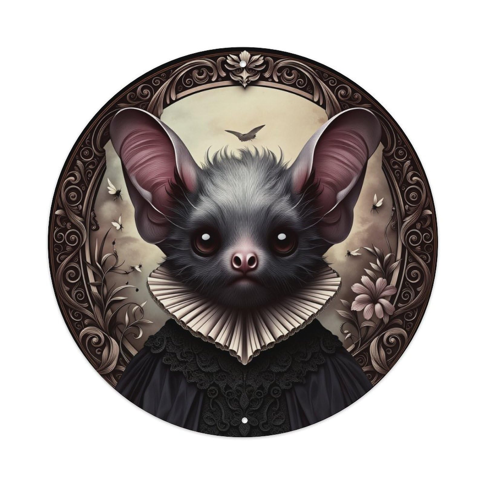 Bat Portrait With Ruffled Collar Round Tin Sign Retro Metal Sign for Cafe Bar Pub Home Game Room Gym Club Wall Decoration Vintage Metal Poster 8x8 Inch