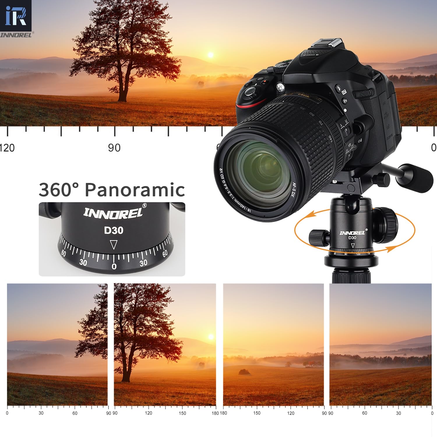 INNOREL D30 Testa per Treppiede Sferica Panoramica Interamente in Metallo CNC ， Con Maniglia e Clip per Telefono, per Monopiede, DSLR, Videocamera, DV, Telescopio ， Carico Massimo 22 libbre / 10 kg