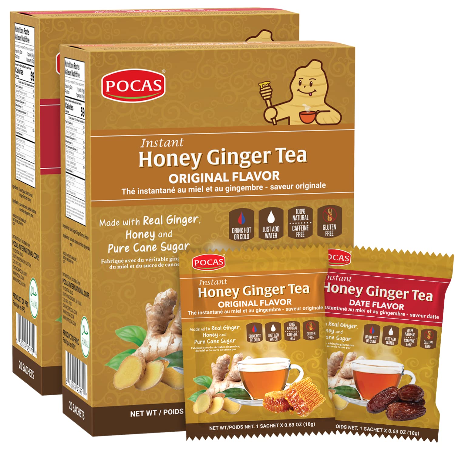 Pocas Honey Ginger Tea Variety Set - Instant Tea Powder Packets, Ginger Honey Crystals, Original & Date Flavors, Non-GMO/Gluten Free/Caffeine Free, 20 Count (Pack of 2)