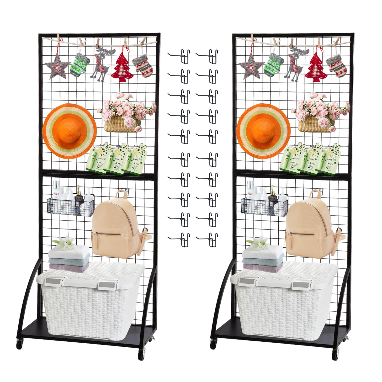 Eastern Tree Grid Wall Panels, Black Gridwall Panels Stand with Base Plate, Wire Grid Wall Panel Display with Wheels, Craft Show Display Rack, Retail Display with 20 Pieces Hooks, 2 Packs 2.5'x 6'