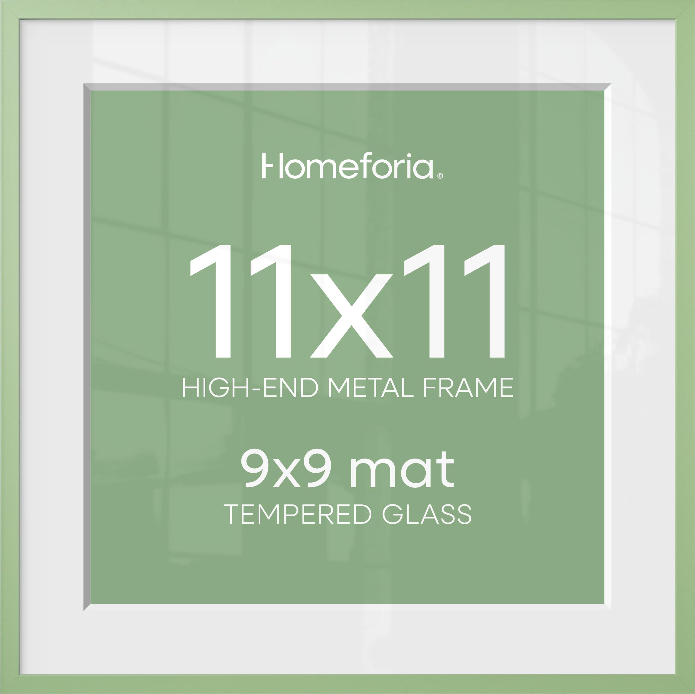 Homeforia 11x11 Green Picture Frame, High-End Metal, 9x9 Mat, Glass | High End Aluminum, Tempered Glass, Acid-Free 9x9 Removable Mat, 11x11 in Edge-to-Edge Display 11x11, Wall Kit, Set Of 1