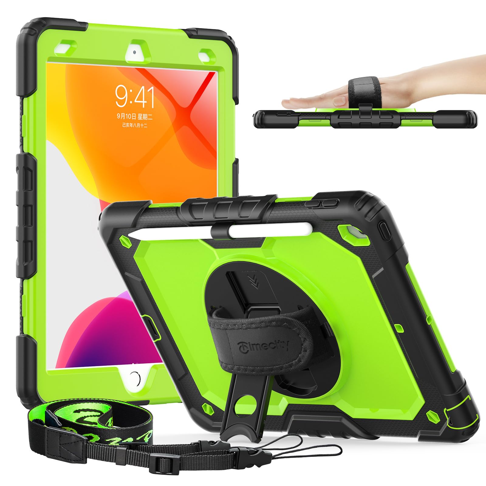 Timecity Case for iPad 9th/ 8th/ 7th Generation 10.2 inch - Heavy Duty Protective Cover with Screen Protector, Rotating Stand, Shoulder Strap & Pencil