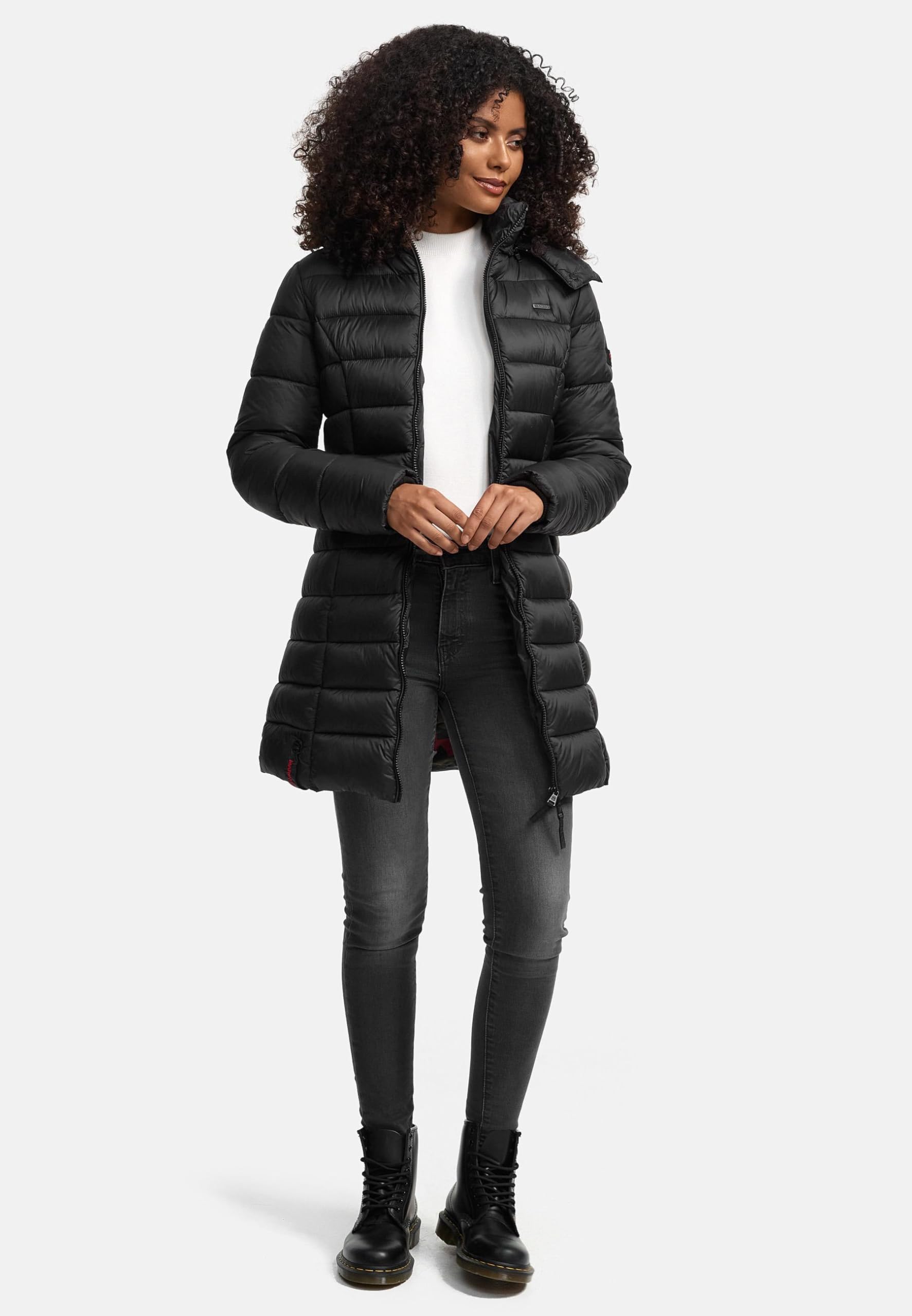 MARIKOO Damen langer Wintermantel warmer Steppmantel mit abnehmbarer Kapuze Abendsternchen XS-6XL