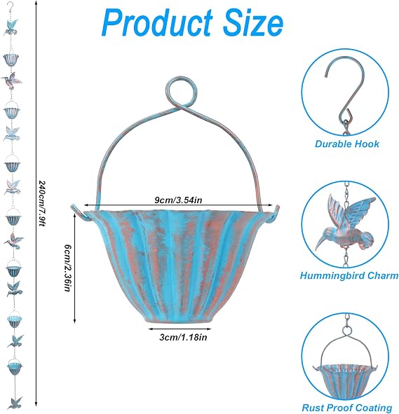 2.4m Rain Chains for Outside, 7.9ft Hummingbird Rain Chain with 7 Rain Chain Cups, Adjustable Rain Catcher Drain Chain for Eaves Drainage, Replacement for Downspout