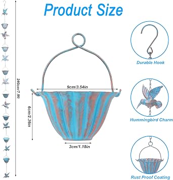 2.4m Rain Chains for Outside, 7.9ft Hummingbird Rain Chain with 7 Rain Chain Cups, Adjustable Rain Catcher Drain Chain for Eaves Drainage, Replacement for Downspout