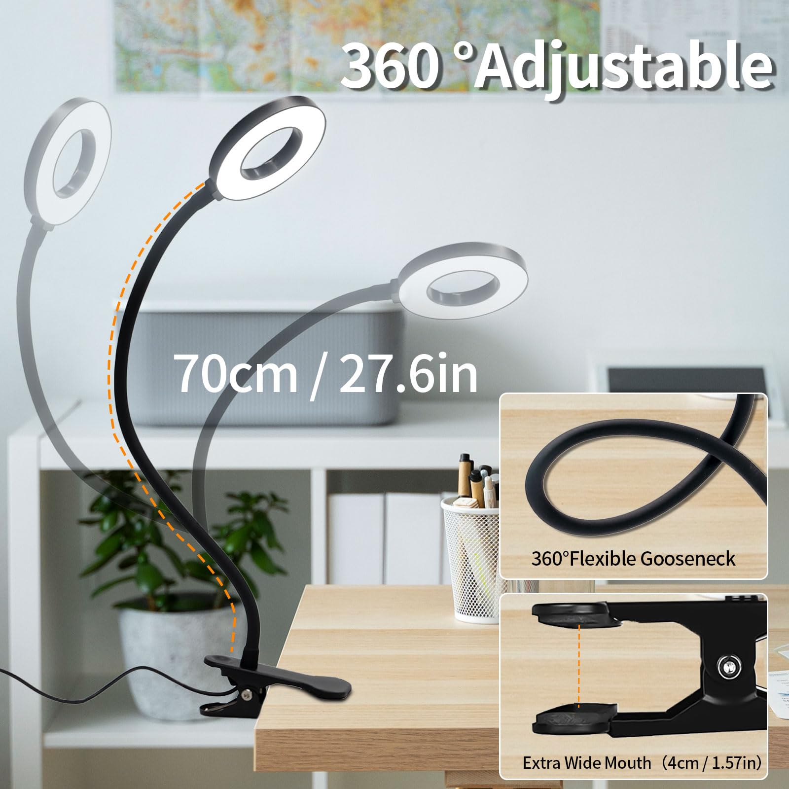 LQWELL Lampe Lecture à Pince LED Protection Yeux - 3 Niveaux Luminosité, Flexible 360° USB Noir