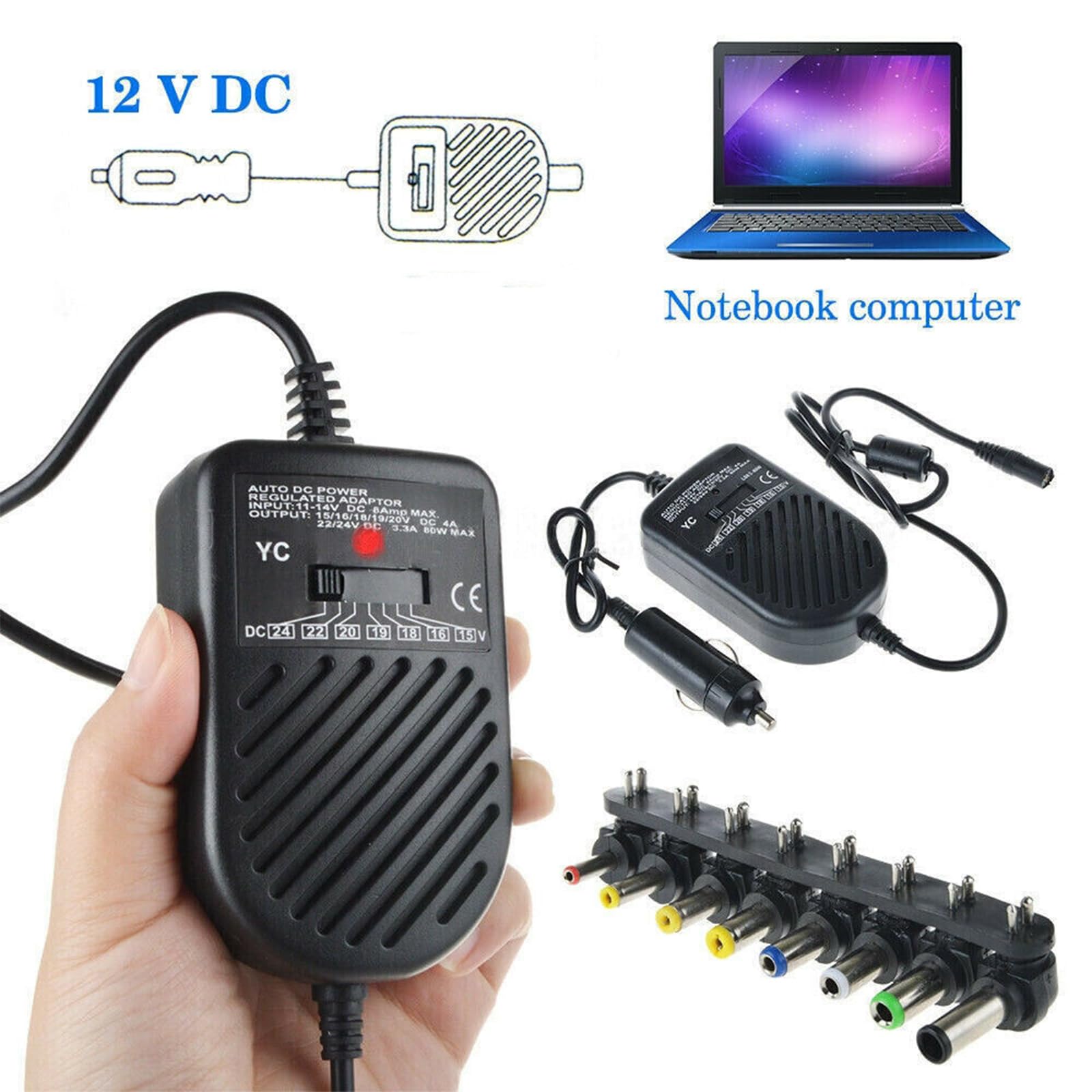 Chargeur portable universel 80 W Adaptateur d'alimentation réglable Adaptateur d'alimentation universel 80 W Chargeur portable LED Auto Adaptateur d'alimentation réglable
