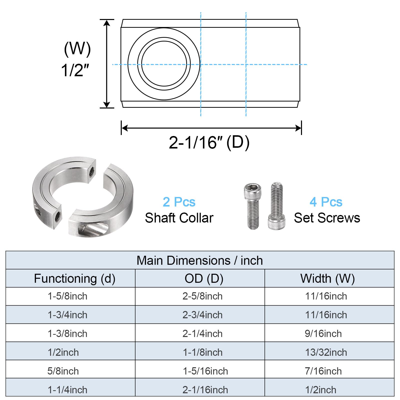 HARFINGTON 2 collares de eje para barra de 1-1/4 pulgadas de diámetro exterior de 2-1/16 pulgadas de diámetro exterior de 1/2 pulgadas de ancho, acero inoxidable 304 de doble eje dividido con tornillo