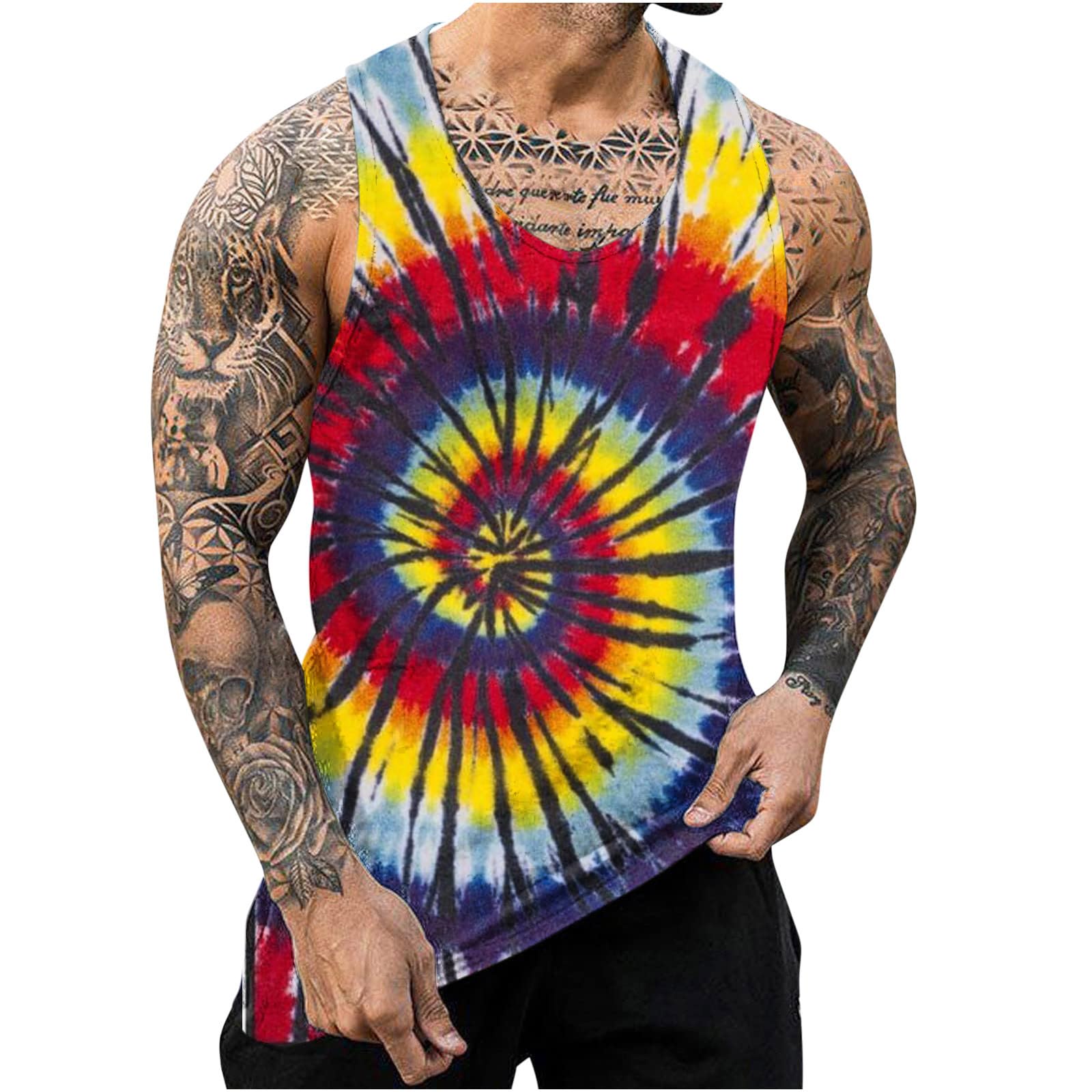 Zeiyignr Tie Dye Tank Tops for Men 70s Hippie Costume Sleeveless Tank Top Rainbow Tie Dye Shirt Gym