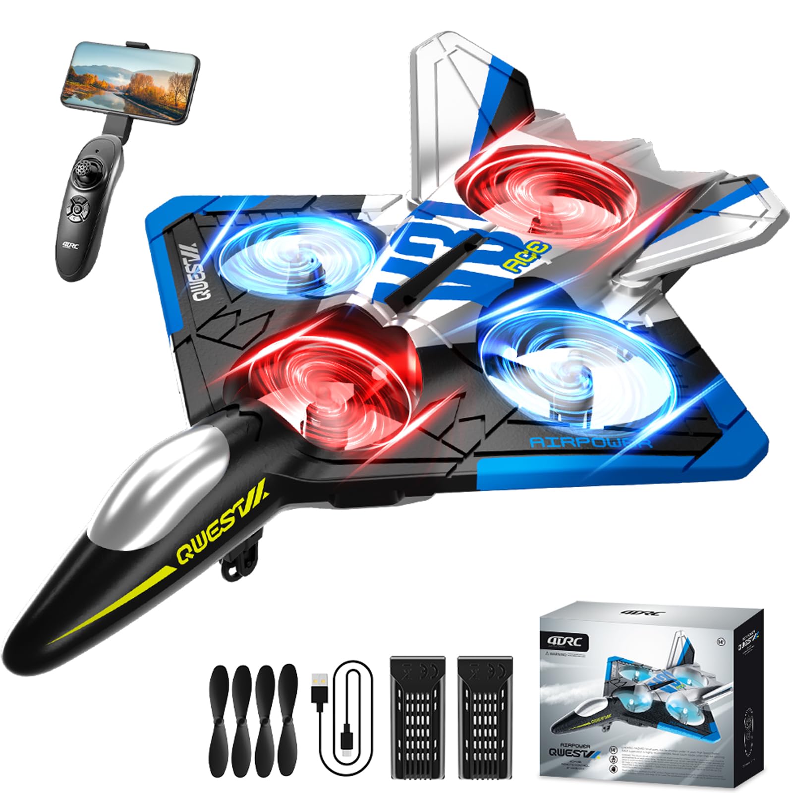 4DRCV31 RC Plane with Camera, Foam Remote Control Airplanes Drones for Kids Adults 8-12 12-16, RC Airplane Fighter Jet with Light, 360° Flip Fighter Jet Toy, Gravity Sensing, Stunt Roll, Airplane Toy