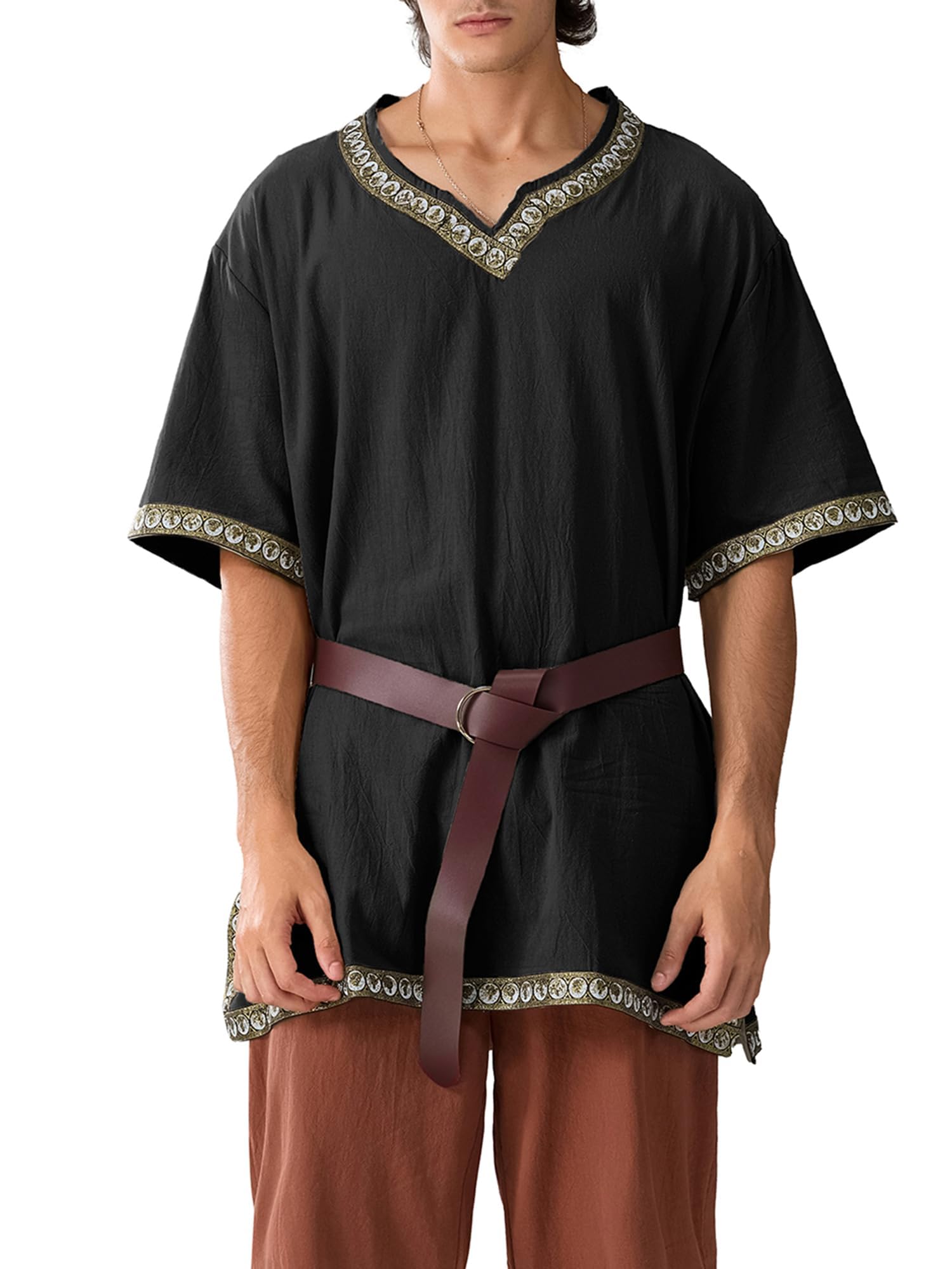 ensswliz Men Medieval Costume Renaissance Templar Tunic Viking Knight Pirate Vintage Warrior Halloween Cosplay Party Tops No Belt (A-Black, XL)