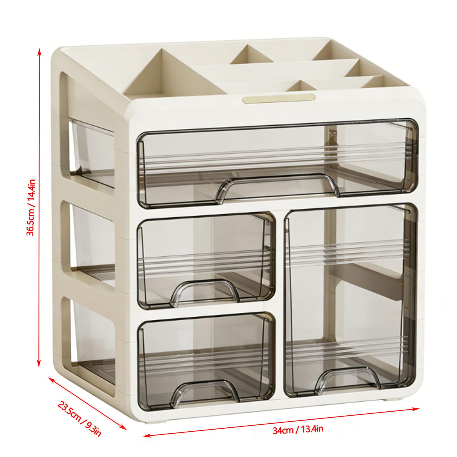 Organizer na Przybory do Makijażu Plastikowa Gablota na Kosmetyki z 4 Szufladami 4-poziomowe Przegródki 34 X 36,5 X 23,5 Cm do Toaletki Łazienka Sypialnia Przechowywanie Kosmetyków (kremowa