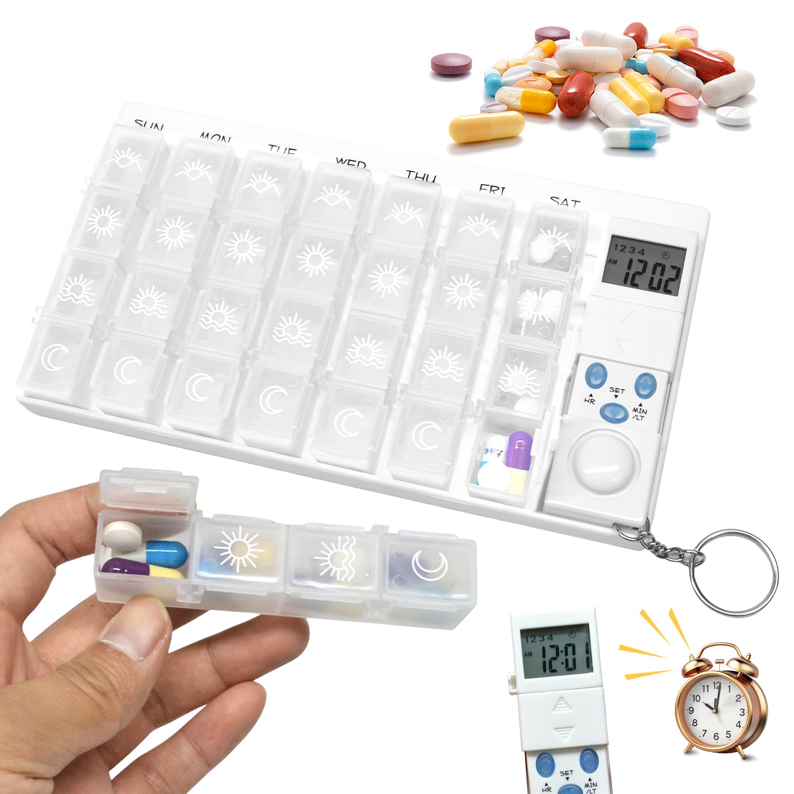Sporgo Pilulier 7 jours avec alarme : pilulier 4 compartiments, boîte à médicaments 7 jours avec minuterie et rappel de réveil, distributeur de comprimés portable organisateur de médicaments