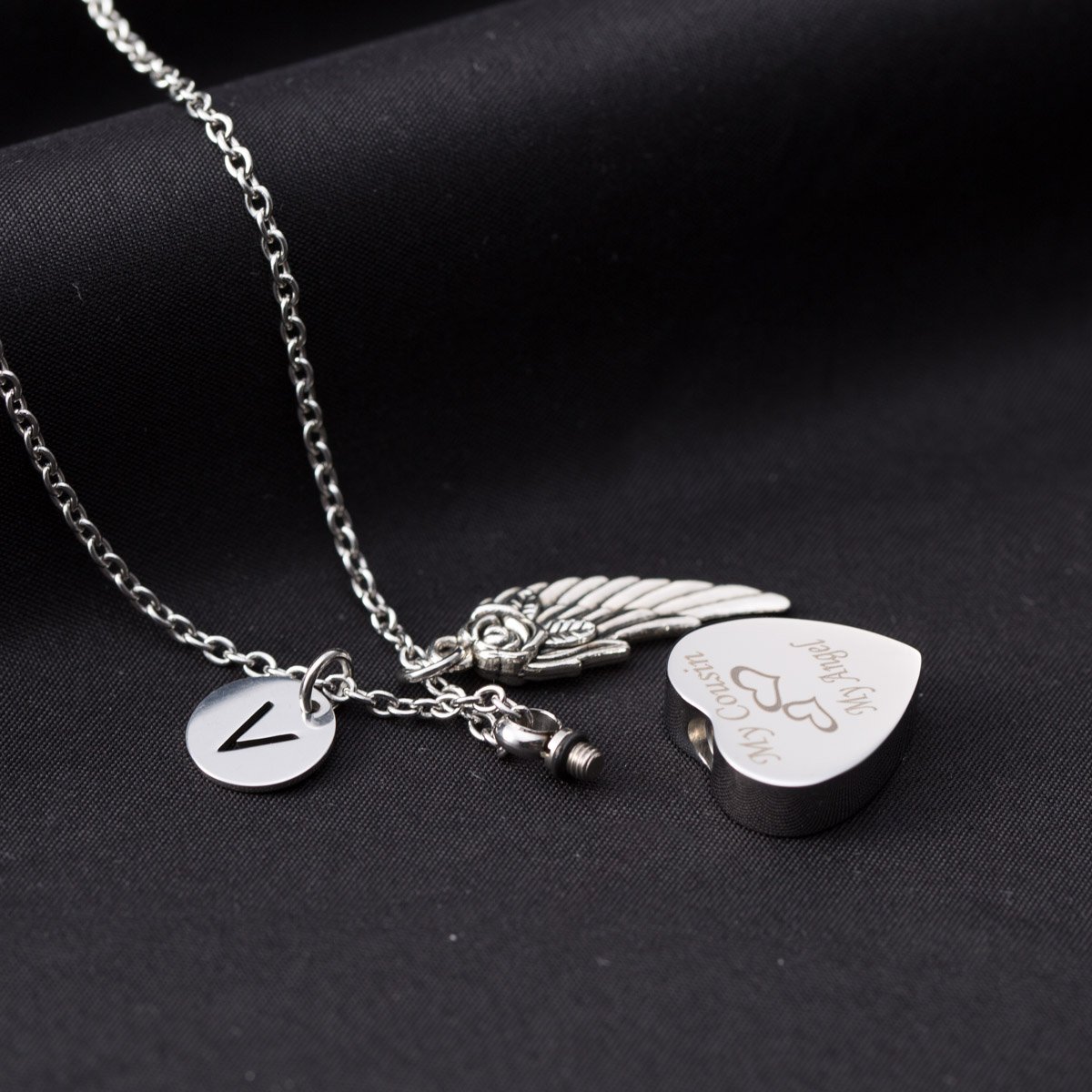 GIONO Cremation Jewelry Angel Wing Initial Charm Ash Urn Necklace My Cousin My Angel Keepsake Memorial Pendant