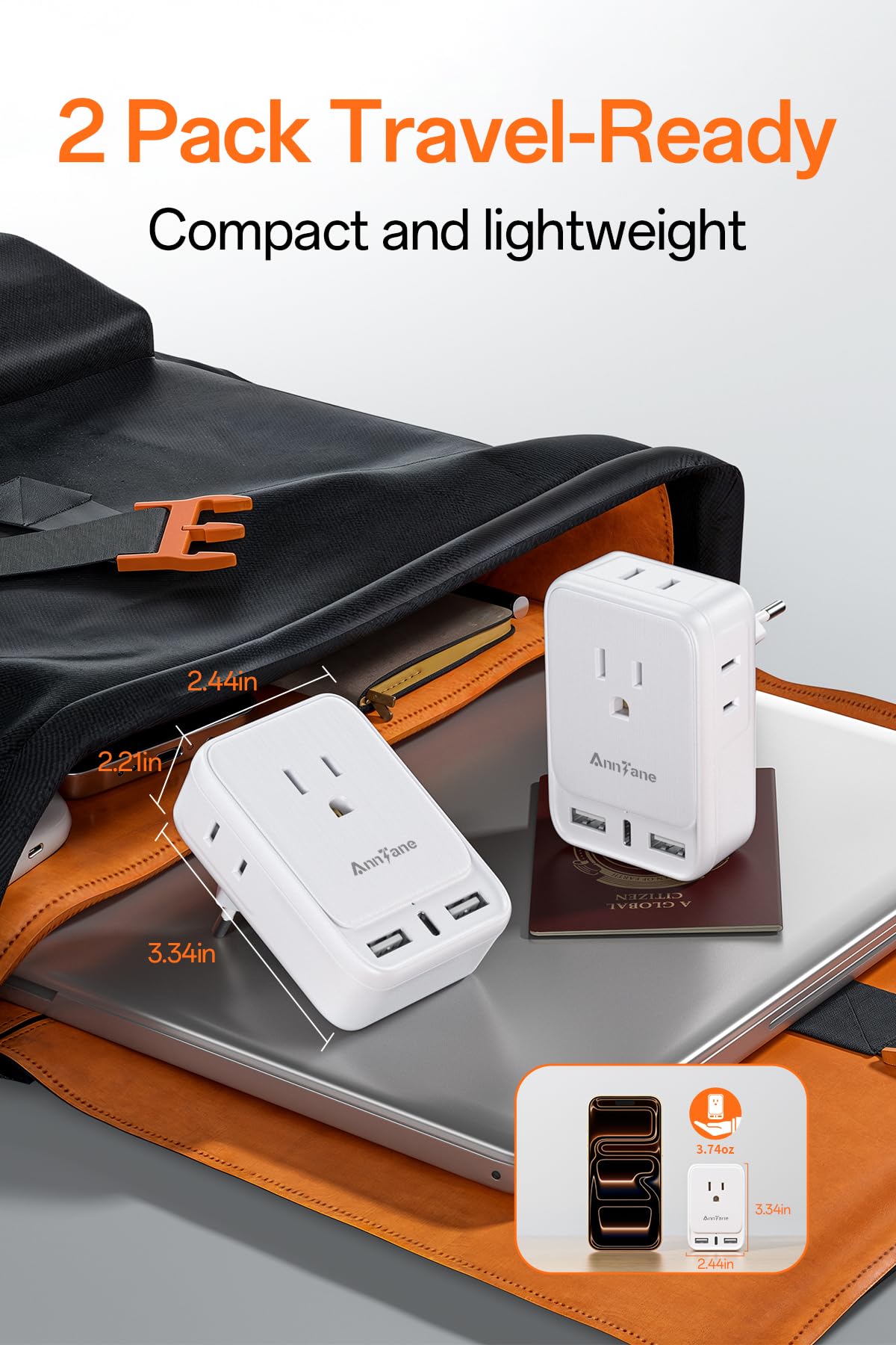 AnnTane Adattatore europeo con USB C, adattatore da viaggio universale con 4 adattatori di alimentazione e 3 USB, Travel Essentials Adapter Americano/Messico in Italia, Germania, bianco (confezione da