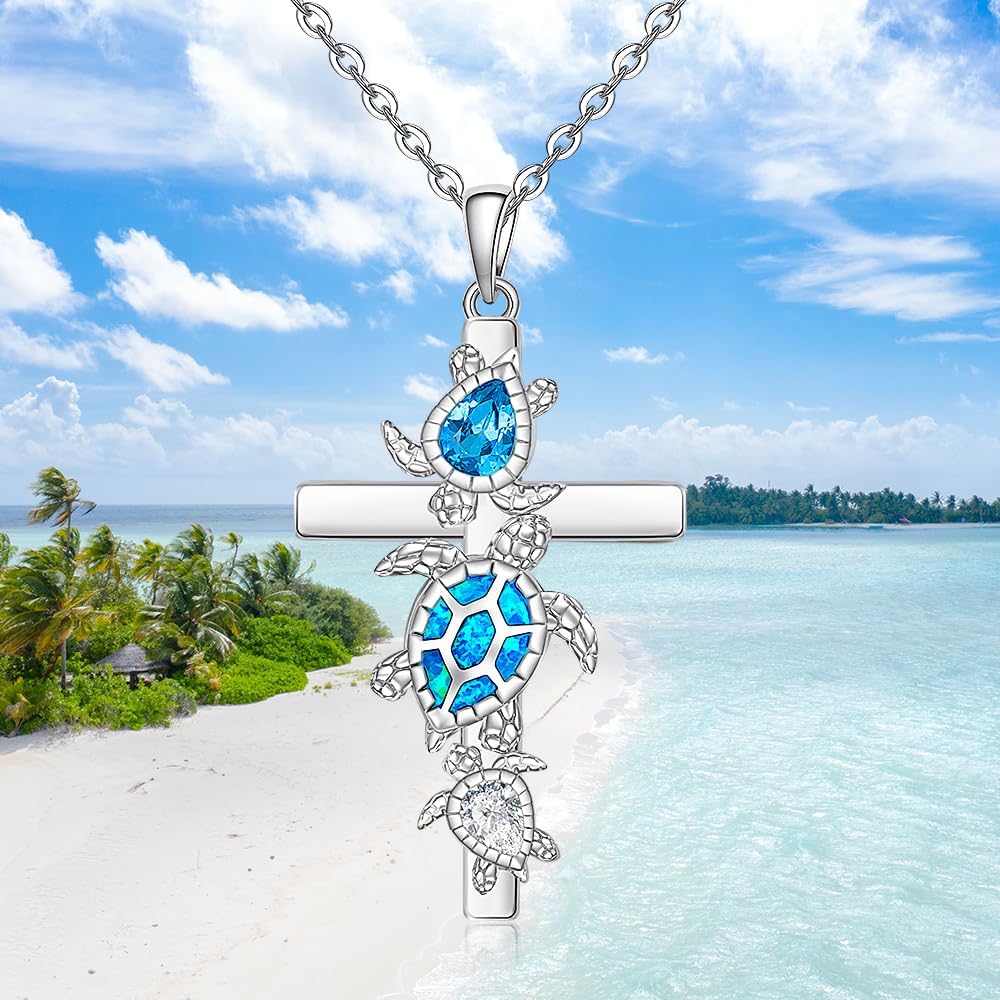 Fenthring Cross Turtle Necklace for Women Sterling Silver Blue Opal Sea Turtle Necklaces Turtles Pendant Ocean Jewelry Charm Mothers Day Christmas Gifts - Image 5
