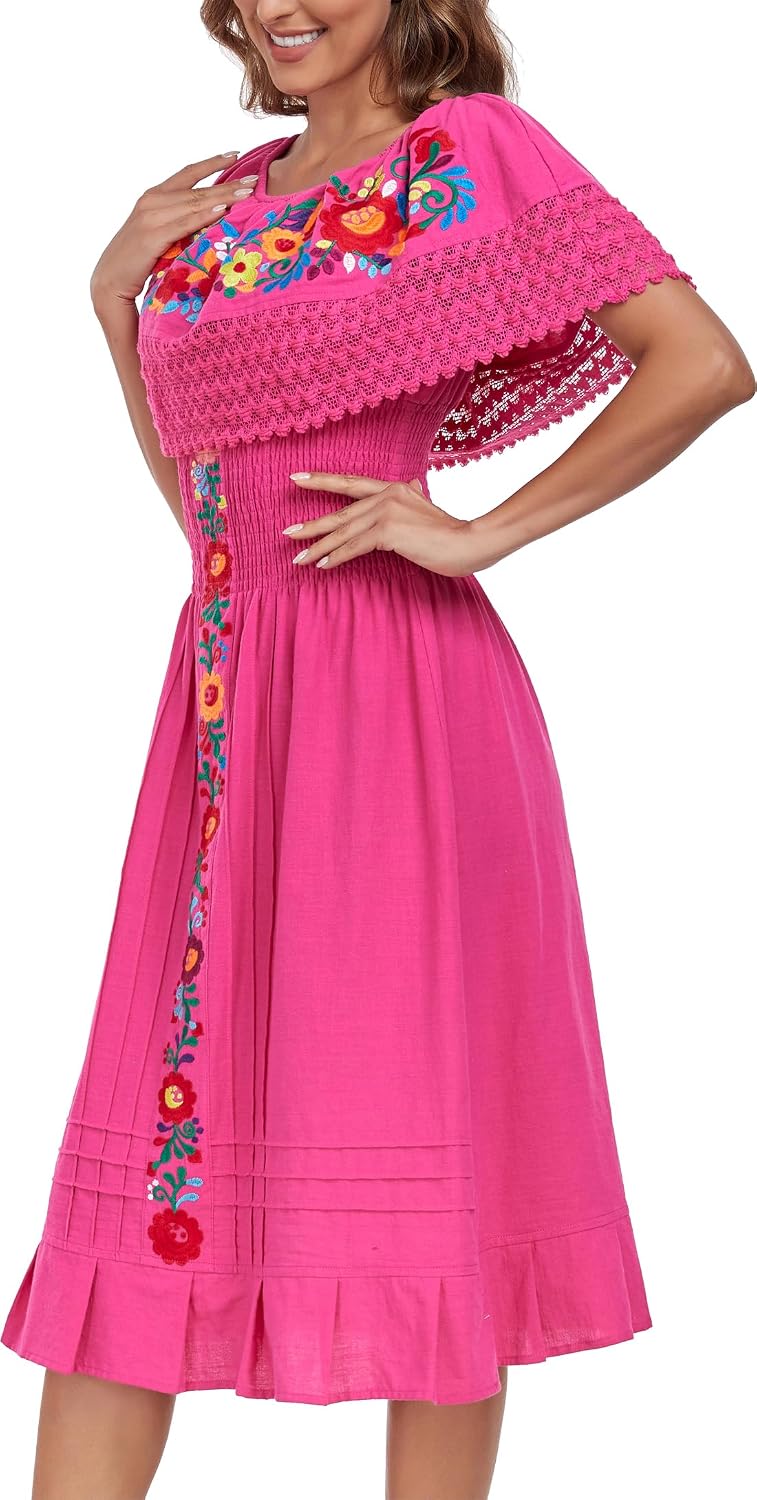 YZXDORWJ Mexican Dress for Women Embroidered Off-Shoulder Lace Dress Fiesta Mexico Boho Floral Dress