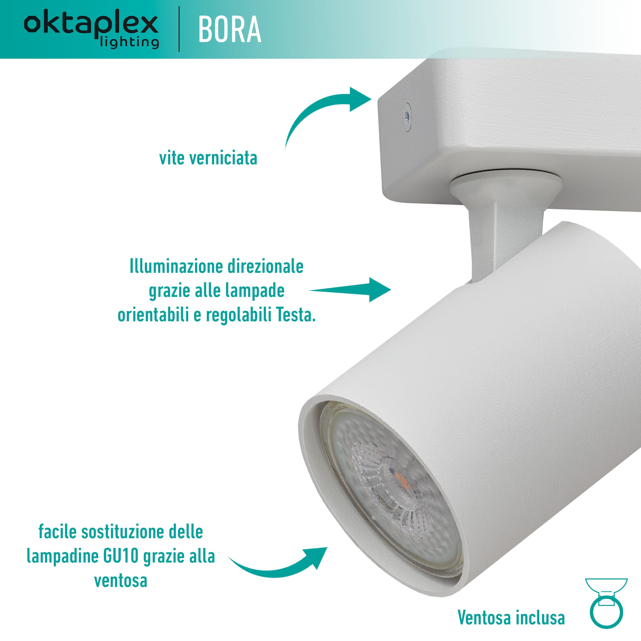 Oktaplex Bora faretto da soffitto 3 fiamme GU10 LED barra spot 45 cm 230 V luce spot orientabile Faretti da Parete bianco