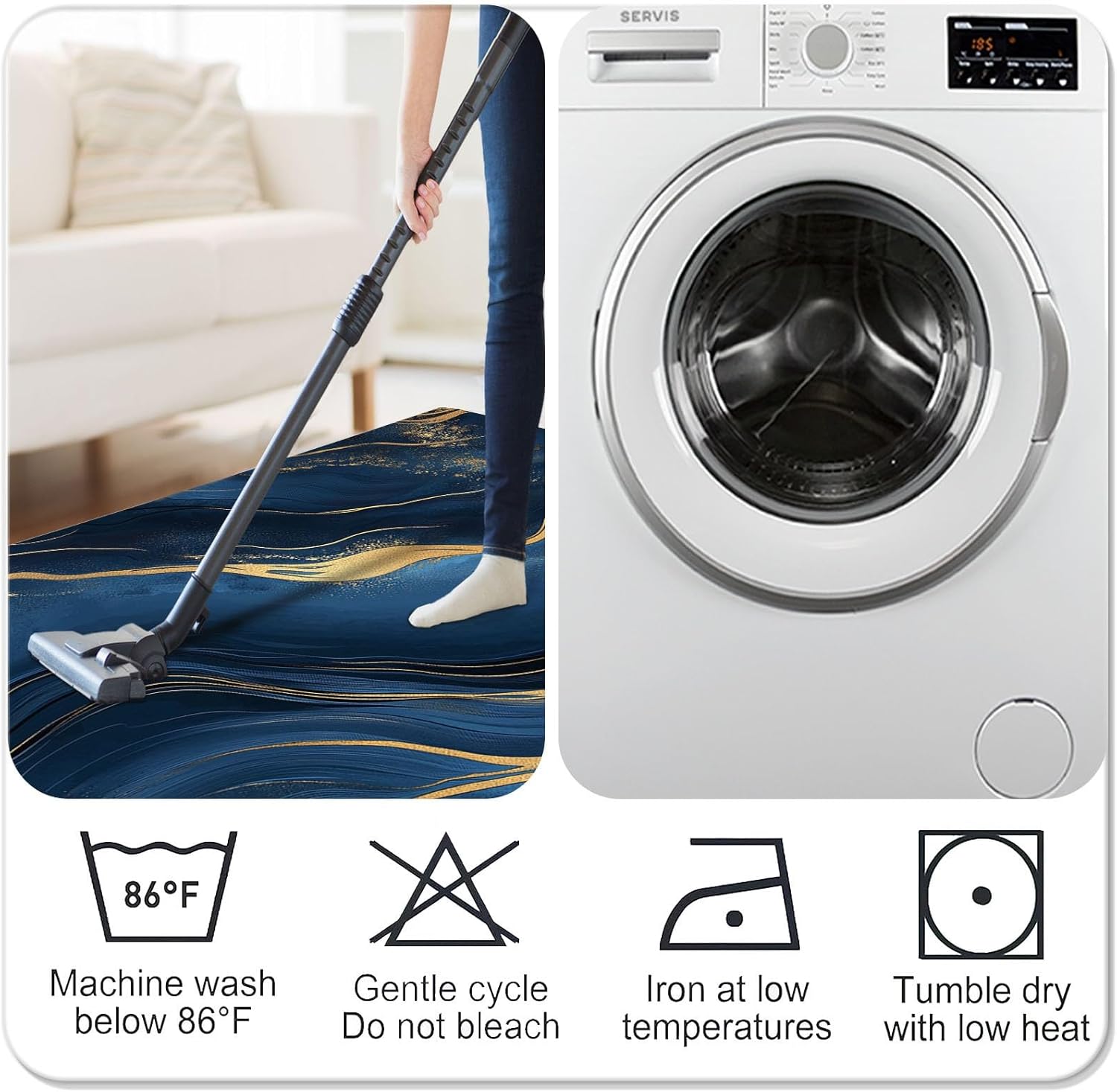 Washable Kids Aldult Area Rugs, Dark Blue and Gold Abstract Marble Rug, for Room Sofa Living Room Mat Office Bedroom Home Decor Floor Mats, 6ft x 9ft