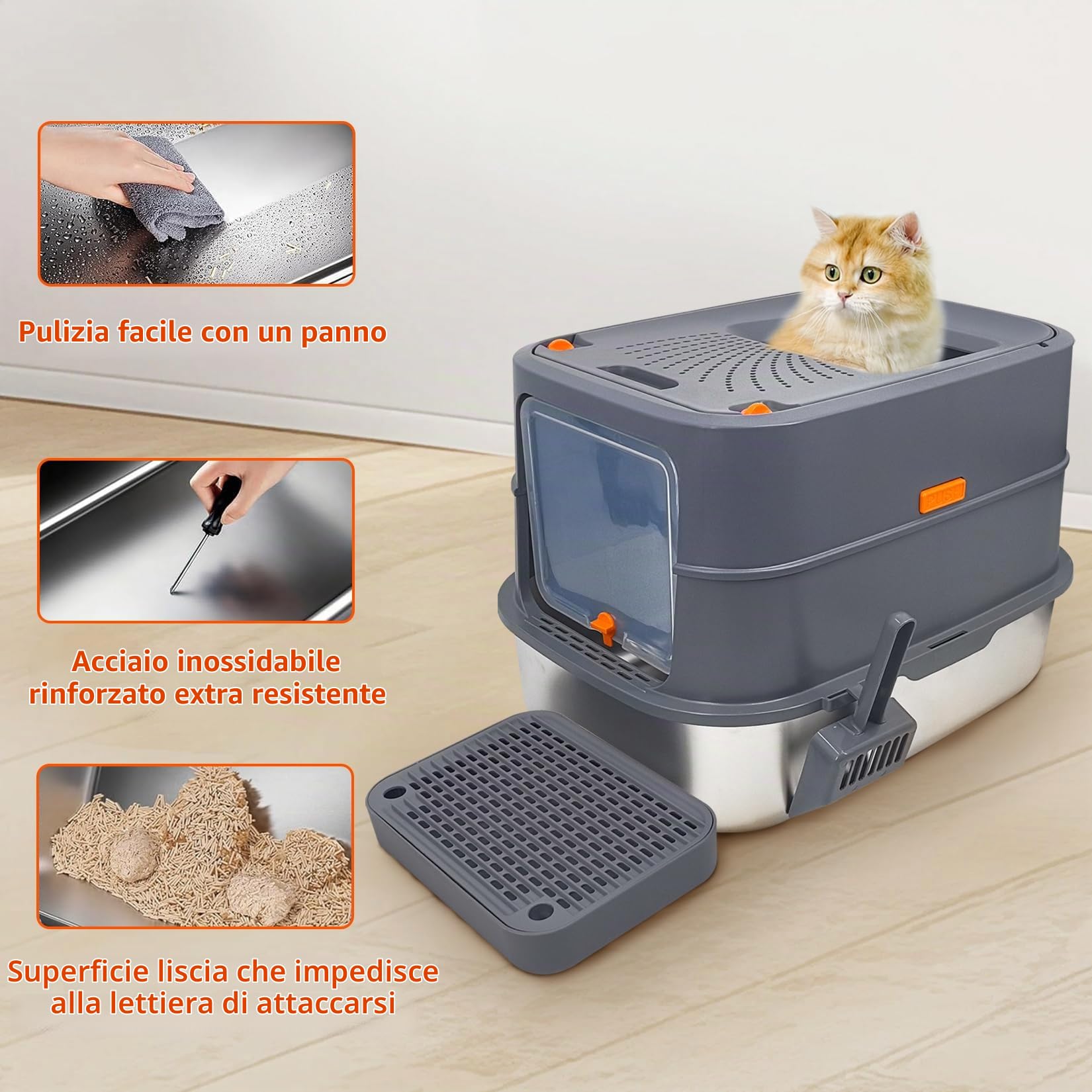 BingoPaw Acciaio Inox Lettiera per Gatti Chiusa Antiodore, Facile da Pulire | XXL Toilette per Gatti Aperto 3 in 1 per gatti di peso inferiore a 10 kg, con Paletta, Antiaderente