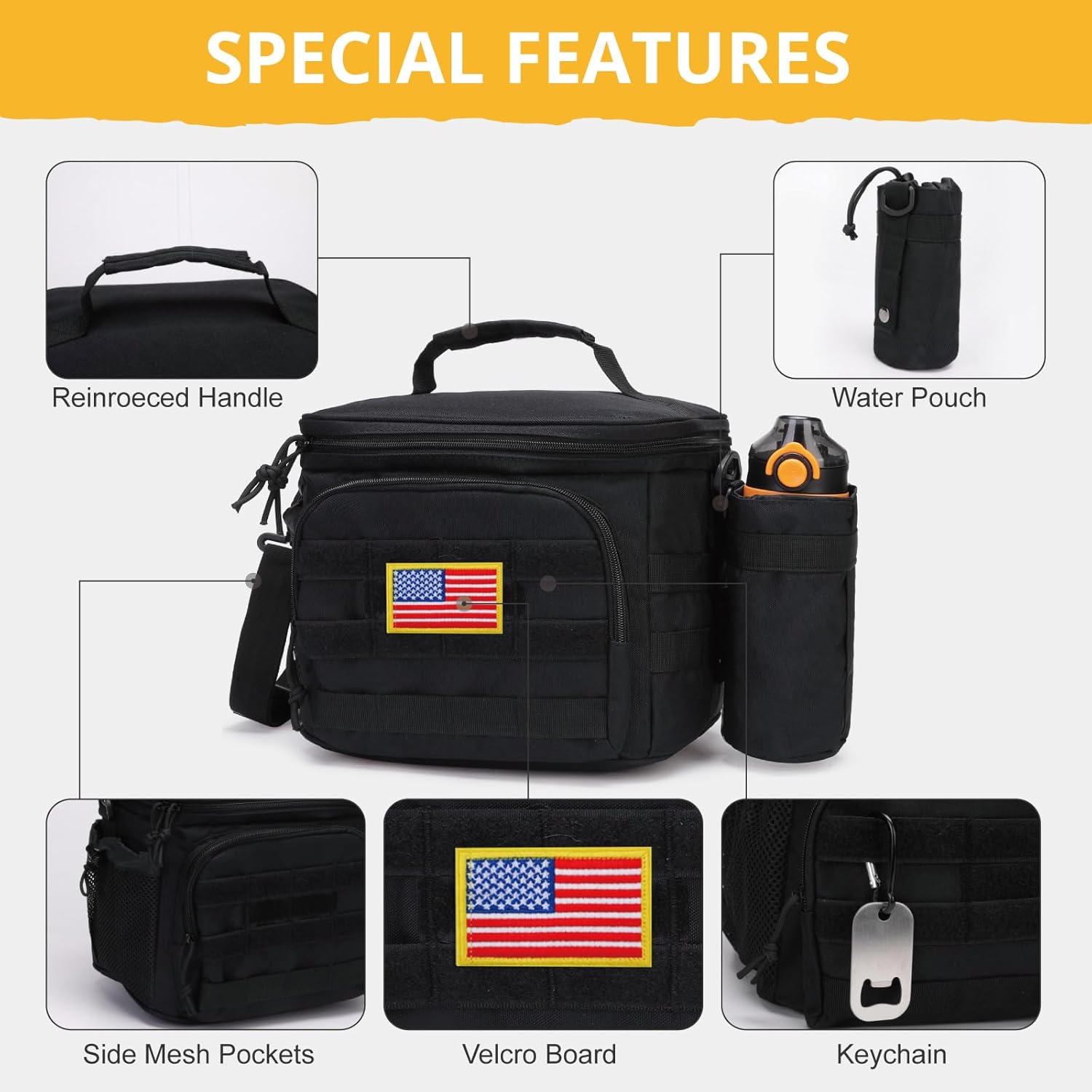 Tactical Lunch Box for Men, Insulated Lunch Bag MOLLE Webbing Leakproof, Cooler Large Lunchbox Women Adult with Adjustable Shoulder Strap Durable, Construction Heavy Duty Lunch Pail, Black - Image 6