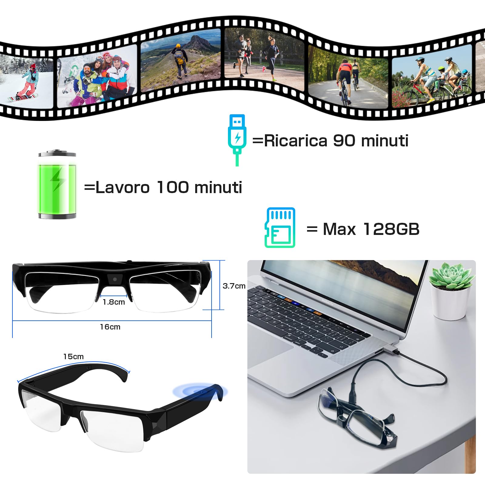 Fotocamera Spia per Occhiali 1080P, Telecamera Nascosta Invisibile Portatile, Occhiali Sportivi con Telecamera Spia, Action Cam per il ciclismo, le lezioni e altre attività indoor e outdoor