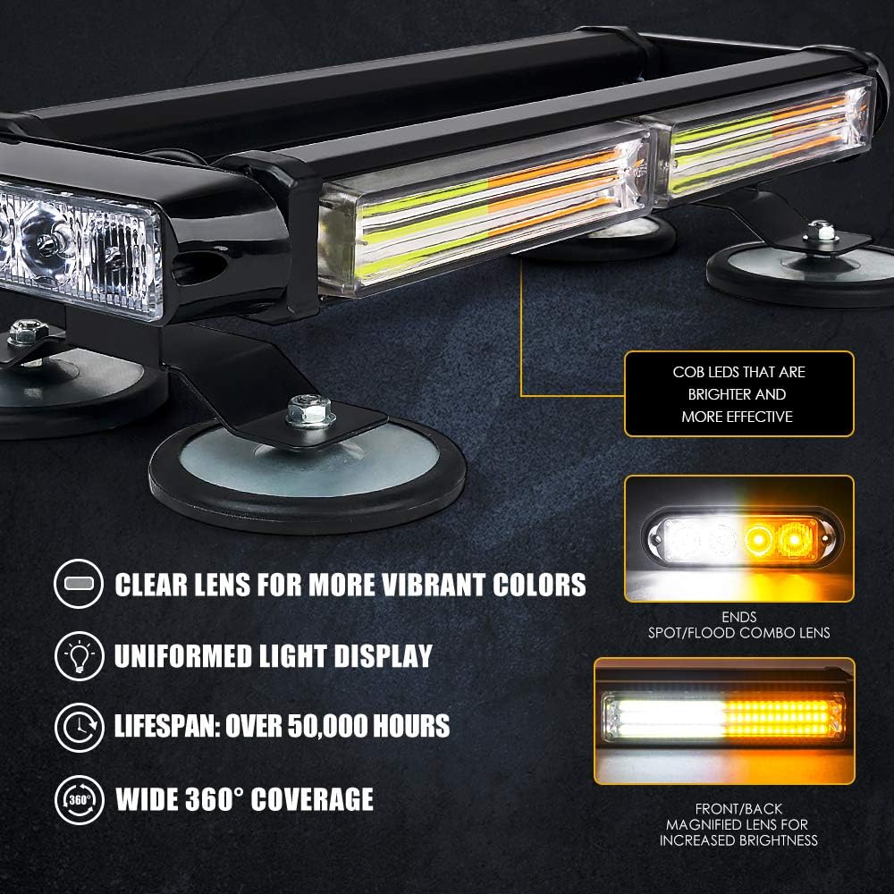 Xprite White Amber COB LED Strobe Rooftop Flashing Light Bar Double Side Hazard Warning Beacon Lights w/Magnetic Base for Emergency Safety Vehicles Tow Trucks Cars Tractor Snowplow