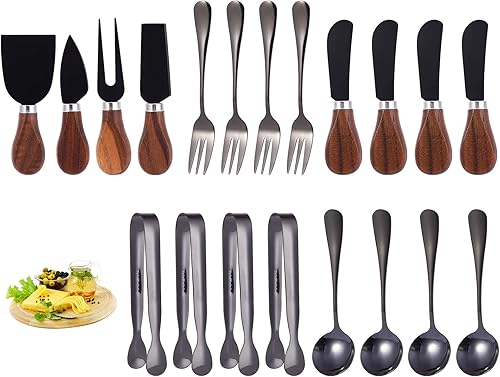 Accesorios de embutidos negros (20 unidades), esparcidores de queso para tabla de embutidos, mini cucharas de servir, tenedores y mini pinzas para