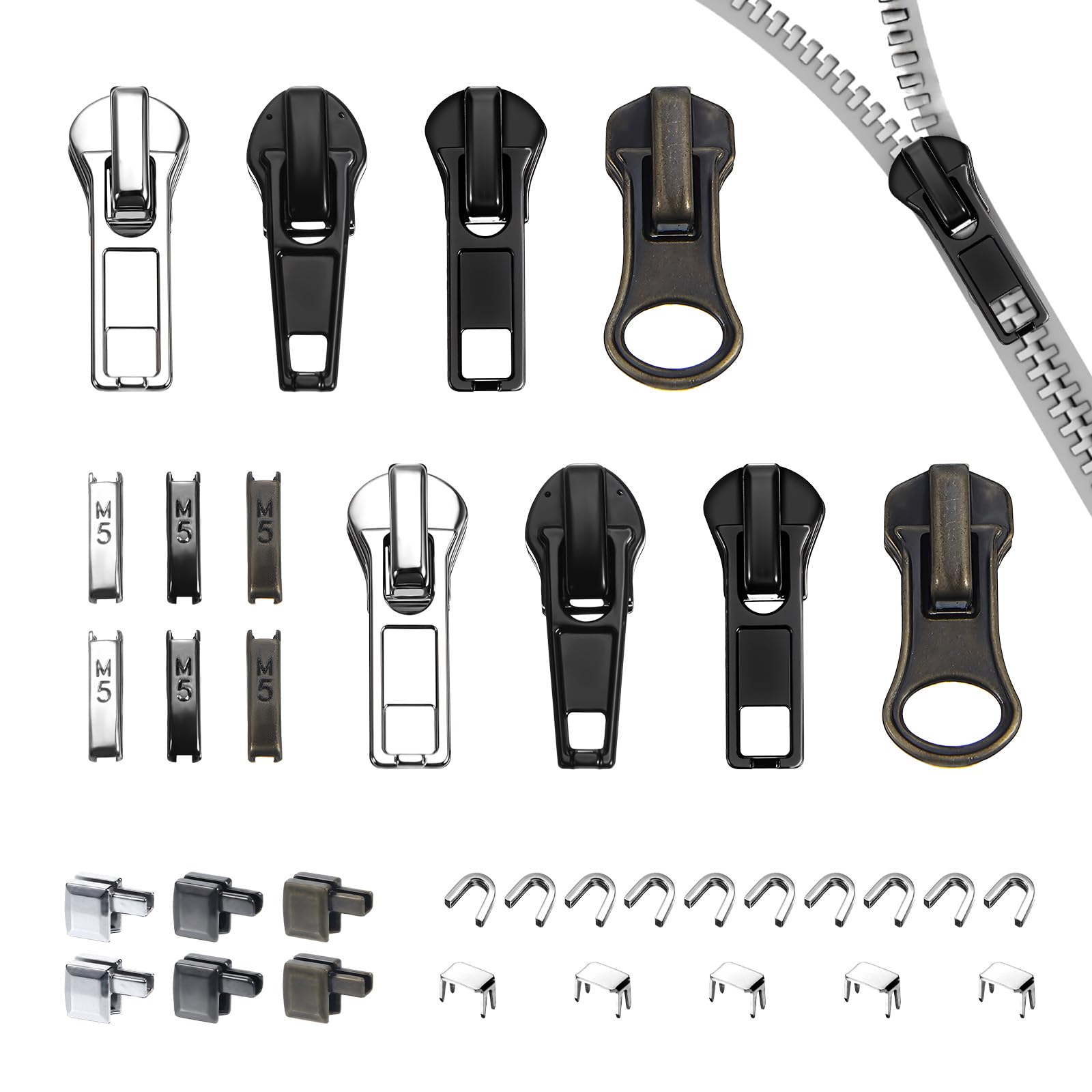 39 Pcs Zipper Repair Kit Zipper Pull Replacement - Instant Replacement Slider Multipack Slider Teeth for Backpacks, Tents, Jackets, and Luggage (Black