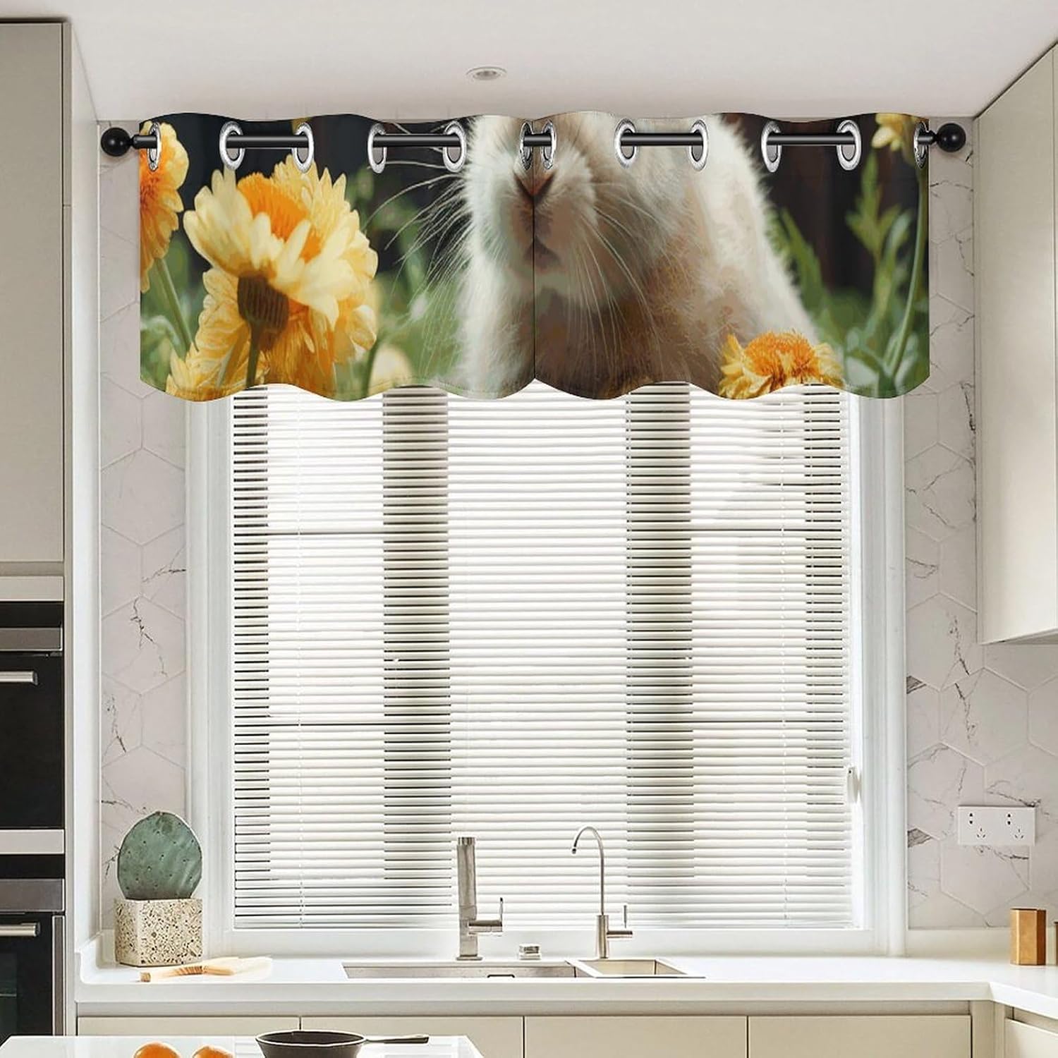 Rabbit and Flower Valances for Window 2 Panels. Light Filtering Curtains Farmhouse Short Small Valance.Modern Curtains for Windows Living Room Kitchen Over Sink.