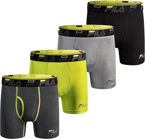 Fila Calzoncillos tipo bóxer para hombre de 6 pulgadas con bragueta frontal, 90% poliéster, 10% elastano, paquete de 4
