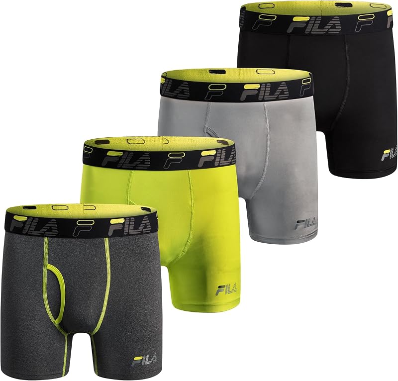 Fila Men's 6" Boxer Briefs Fly Front, 90% Polyester 10% Spandex, 4-Pack