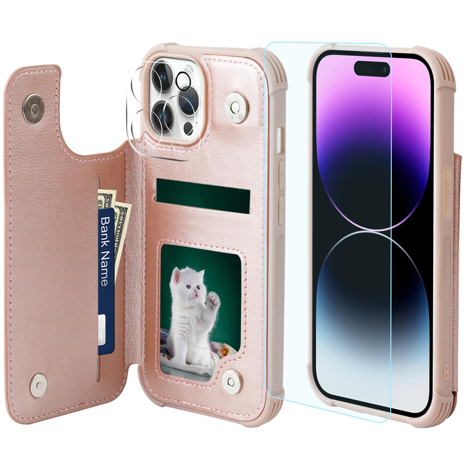 VANAVAGY Wallet Case Compatible for iPhone 15 Pro for Women and Men with Credit Card Holder,RFID Leather Flip Folio Cover Fits Magnetic Car Mount and Stand with Screen Camera Protector,Rose Gold