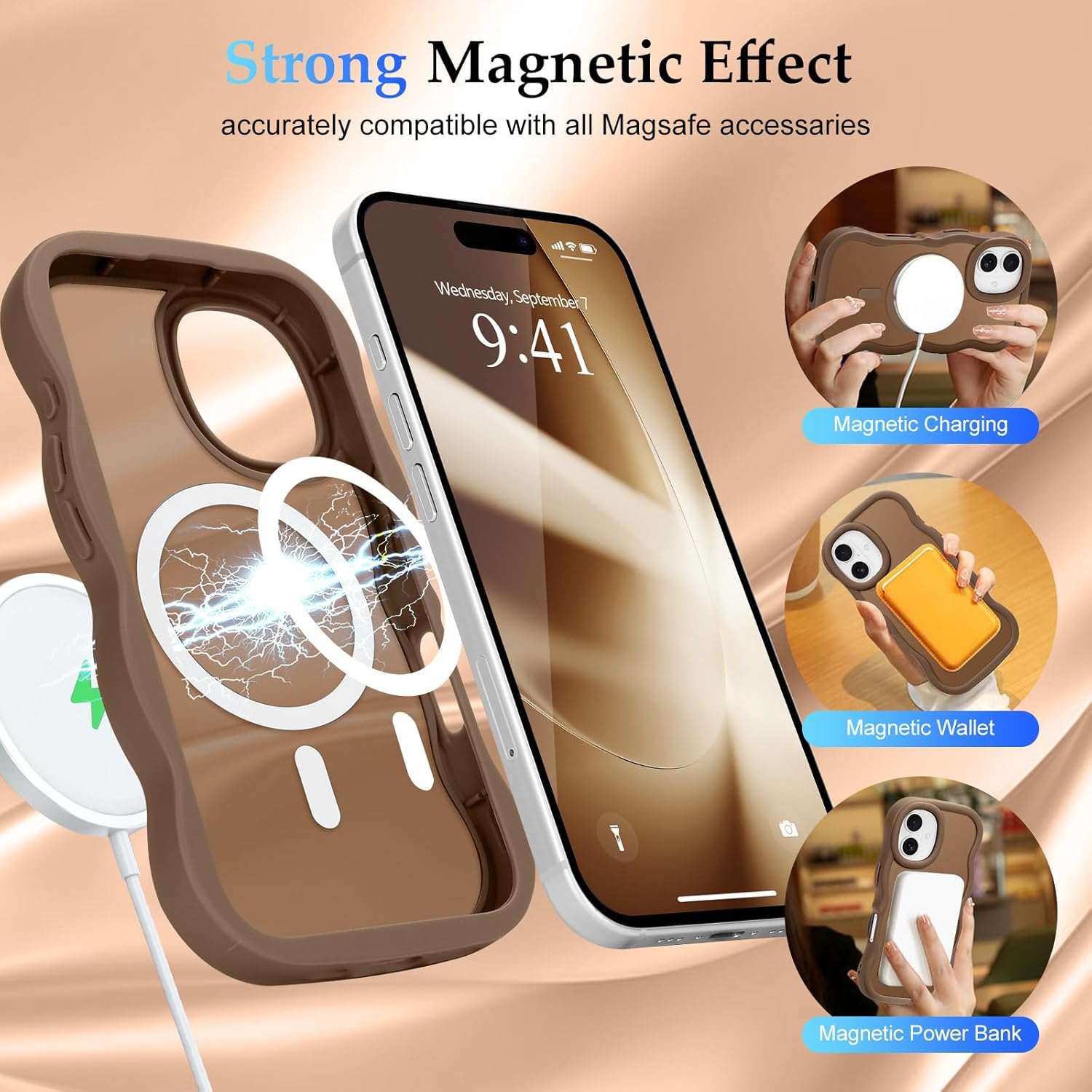 for iPhone 16 Case, Curly Wavy Frame Hard Translucent Matte Clear Back Cover for Women Men Compatible with Magsafe TPU Bumper Shockproof Drop Protection Phone Case for iPhone 16, Desert Gold - Image 3