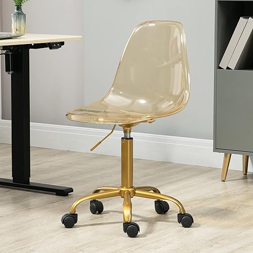 Miniatura 11 de HOMEFUN Silla de escritorio transparente con cojín, sillas rodantes de acrílico sin brazos con pies dorados giratorios, altura ajustable, plástico
