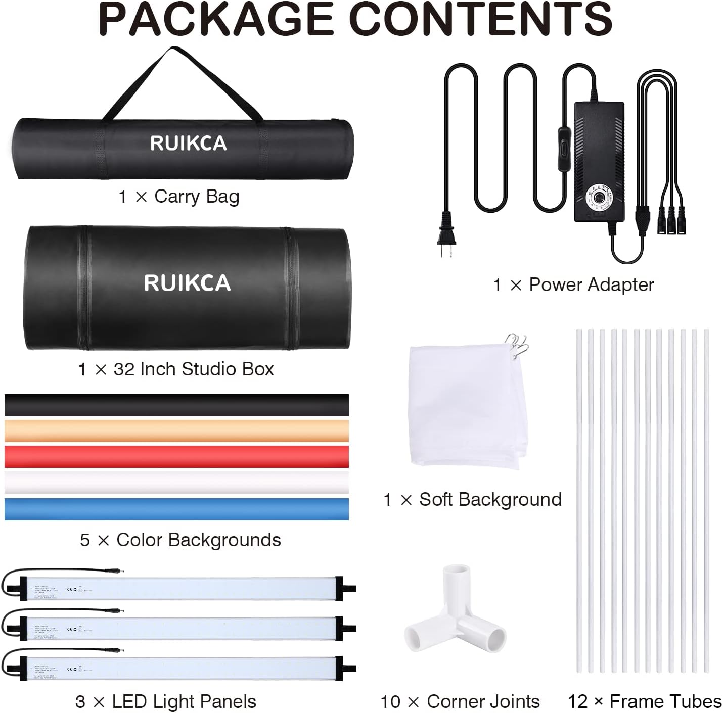 Light Box for Product Photography, Ruikca 32"x32"x32" Large Photo Booth with 210 LED, Photo Background Shooting Tent with 3 LED Light Dimming Panel and 5 Color Backdrops