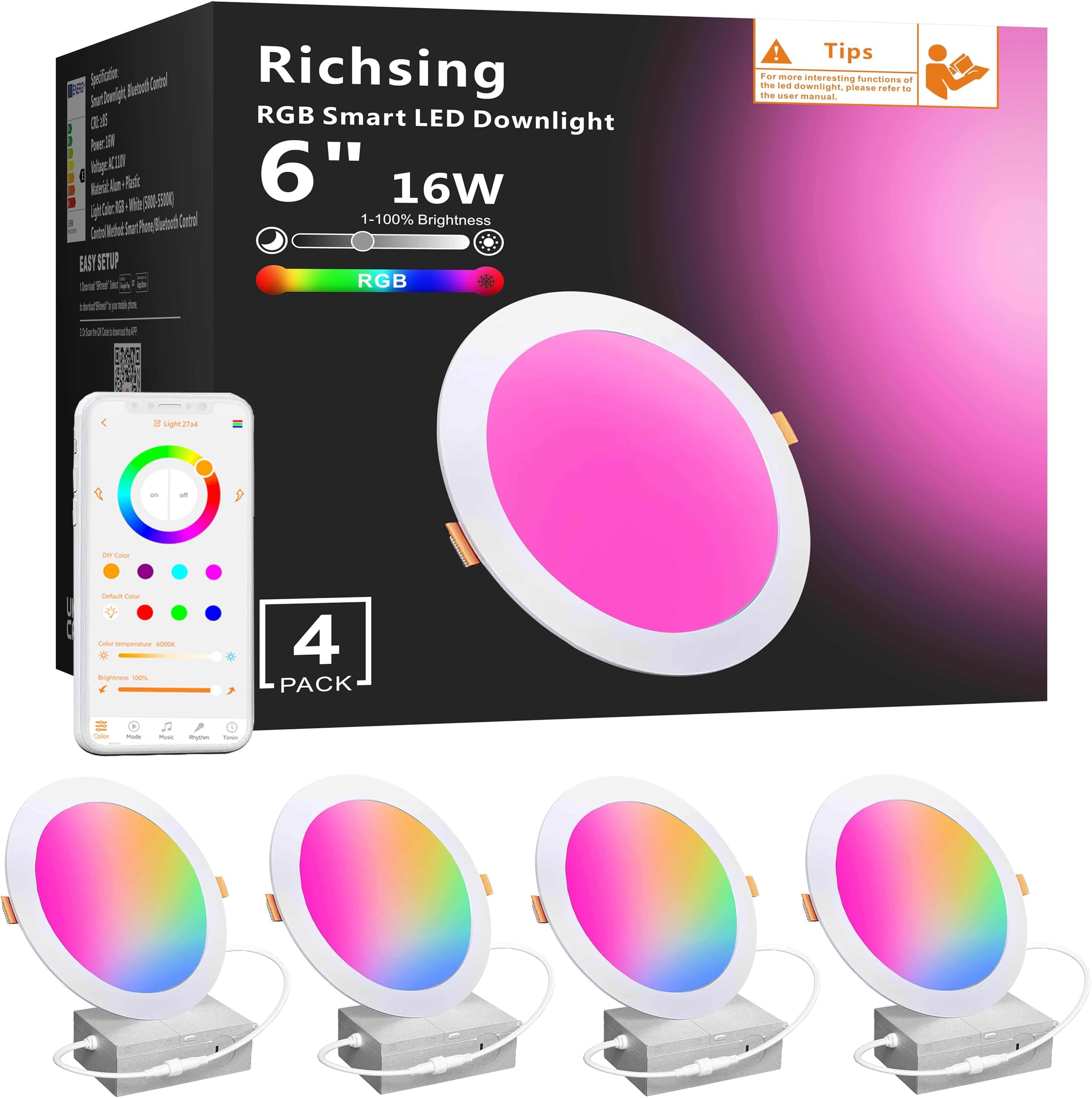RICHSING Smart Recessed Lighting 6 Inch Control with APP & Alexa, 16W 5000K High Brightness Color Changing RGBW Dimmable Smart Canless LED Recessed Lights Wi-Fi Downlight with Junction Box, 4 Pack