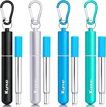 Kynup 4Packs Reusable Straws, Metal Straw with Silicon, Travel Drinking Straws with Case, Keychain, Cleaning Brushes, Silicon Pcs Perfect for Travel, Gifts 20 PCS Blue-Black-Silver-Turquoise