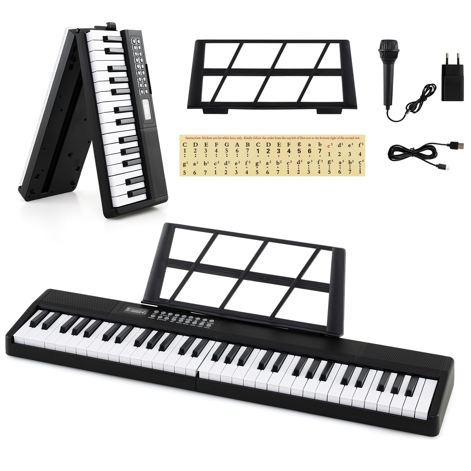 KOMFOTTEU Pianoforte Digitale 61 Tasti Pieghevole e Multifunzionale, Tastiera Elettronica Semi-Pesato, Pianola con Microfono & Doppi Altoparlanti, 3 Modalità di Insegnamento, MP3/USB/MIDI, Nero
