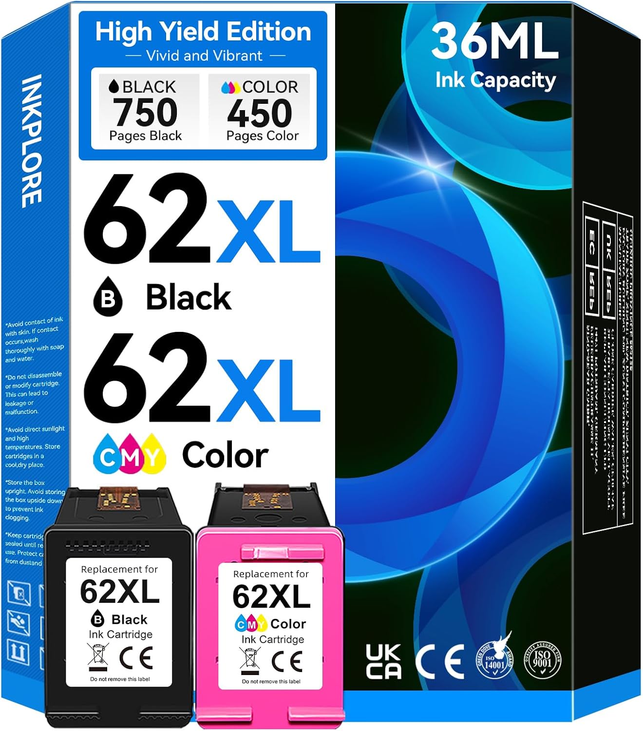 62XL Ink Cartridge Combo Pack Compatible for HP Ink 62 Black and Color Compatible for Envy 7640 7645 5660 5540 5640 5642 5665 OfficeJet 8040 5740 5746 250 200 5745 Inkjet Printer, Print, Scan, Copy