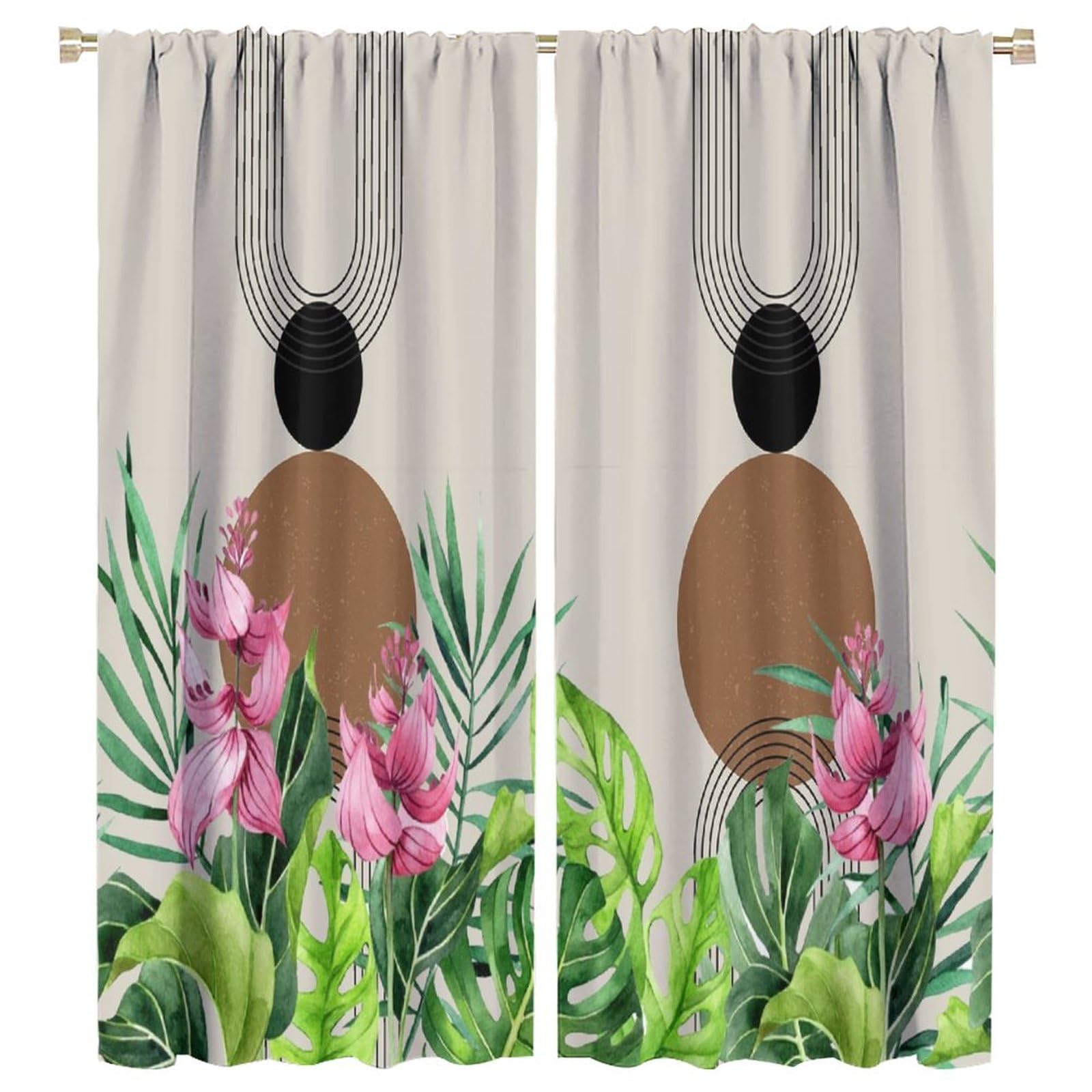 Boho Mid Century Blackout Curtains - Abstract Modern Mountain Sunrise with Leaves for Home Kitchen Restaurant Decoration Window Drapes 2 Panels 55x63in