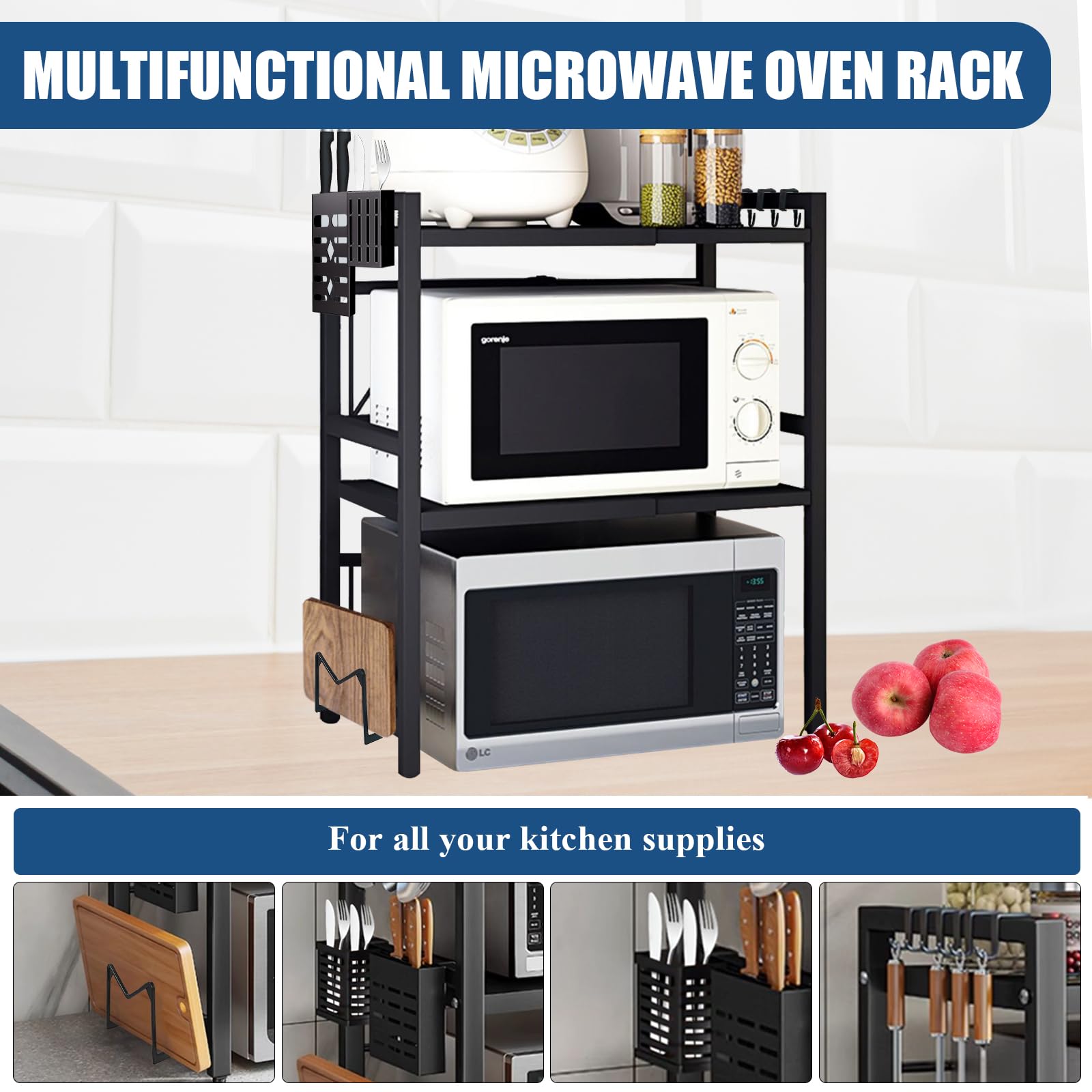 Verstellbares Mikrowellenregal, 3-Stufig Erweiterbares Küchen Mikrowelle Ständer Regal, Mikrowellenhalter aus Kohlenstoffstahl, Küchenaufbewahrung Organizer mit 6 Haken, Schwarz