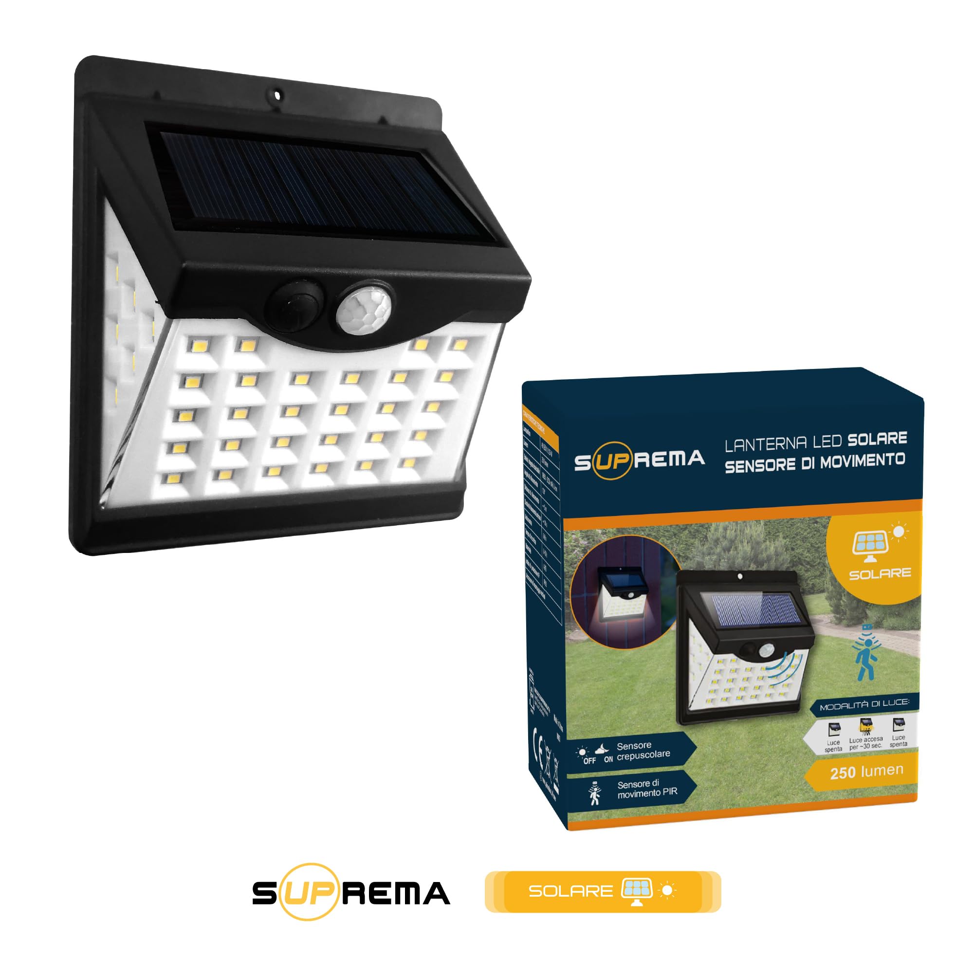 Suprema, Lampada Solare, 6 Pezzi, Faretto LED da Esterno con Sensore PIR e Crepuscolare, IP65, Montaggio Biadesivo, Autonomia 6-8 Ore, Ricarica Solare