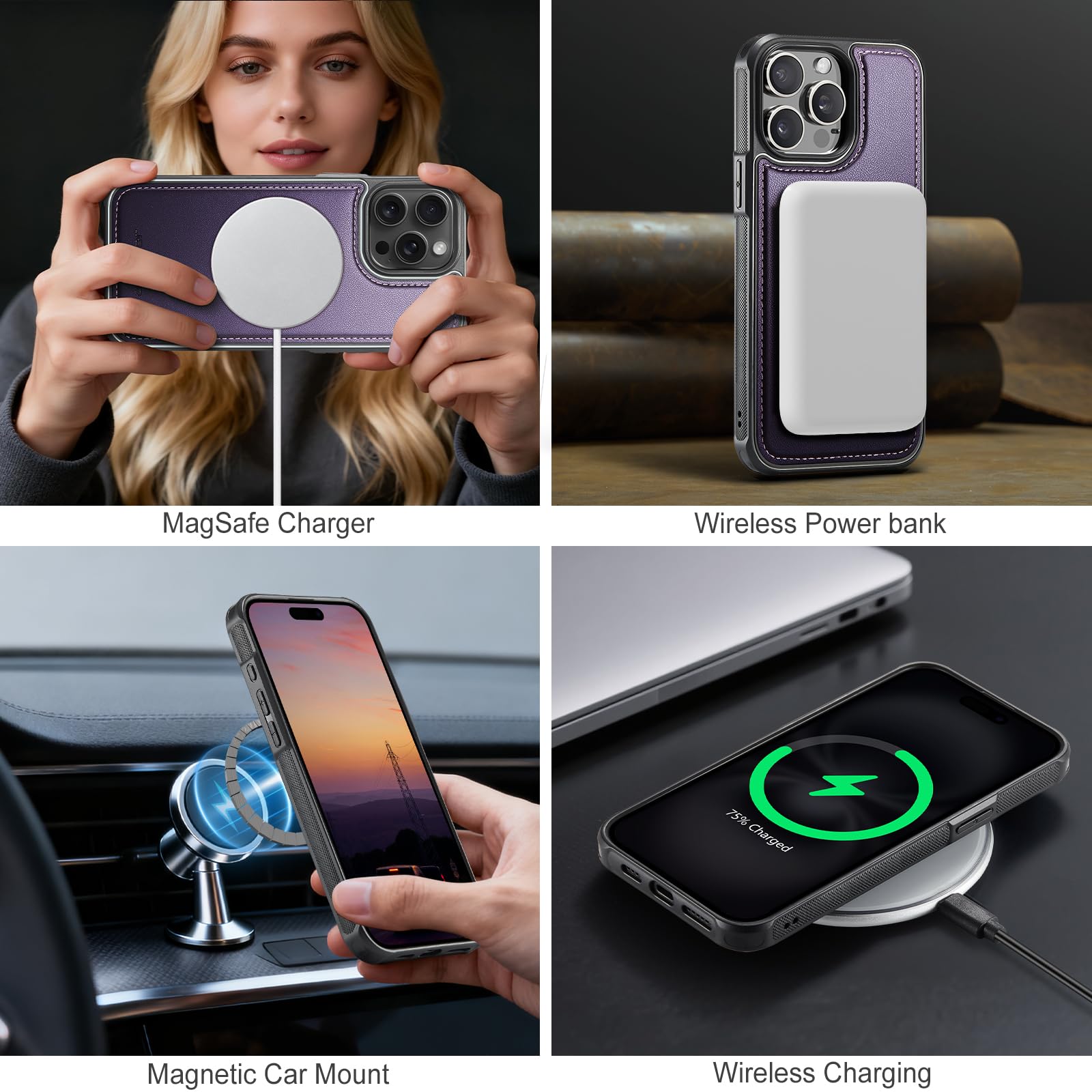 Custodia portafoglio staccabile per iPhone 15 ProMax,［Supporta la ricarica wireless］con RFID e porta carte magnetiche,custodia 2 in 1 in pelle PU per iPhone 15 ProMax（Viola）