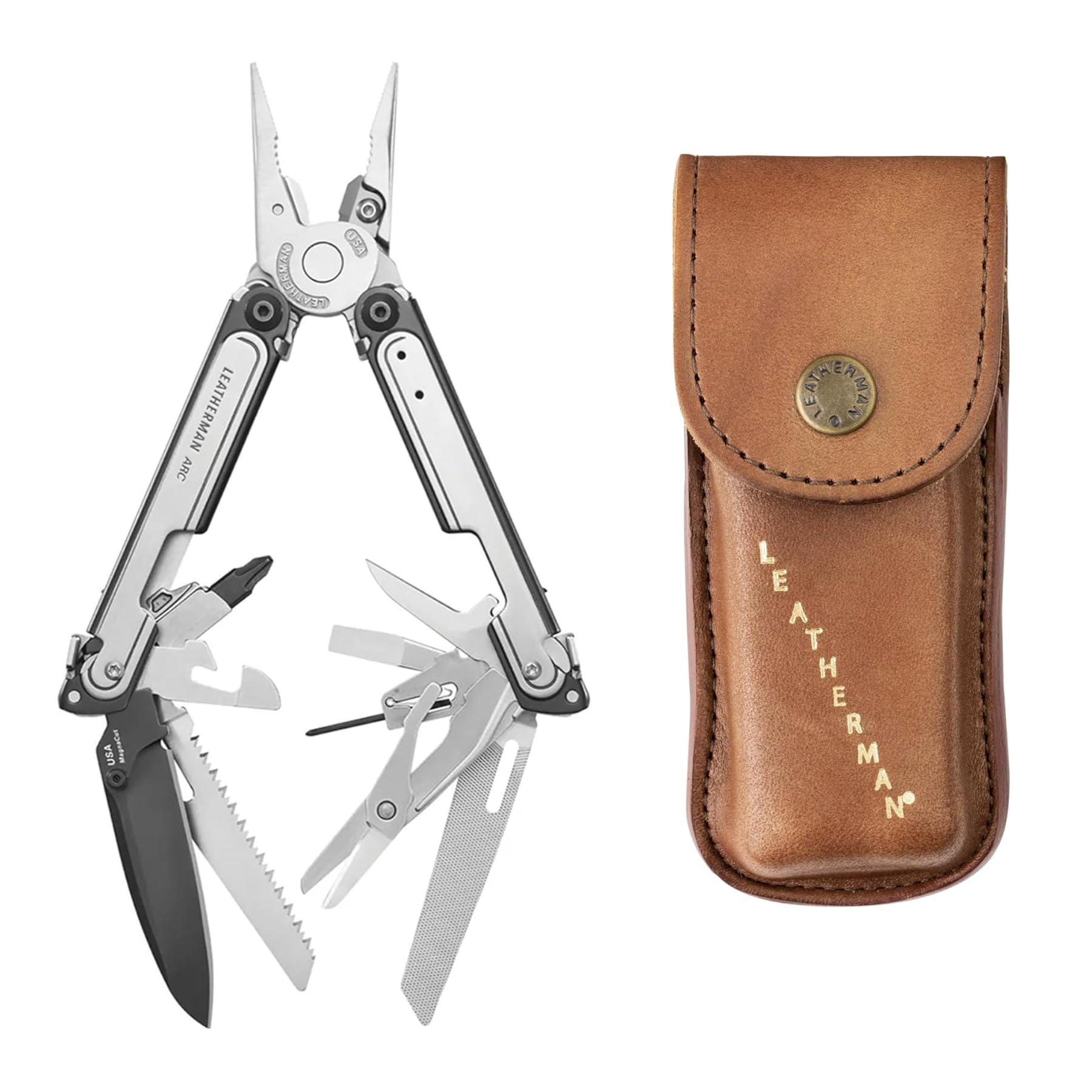 Leatherman Arc Pack Outil Multifonction et Étui - 20 Outils avec Lame en Acier MagnaCut et Étui Heritage Leather Marron Taille M